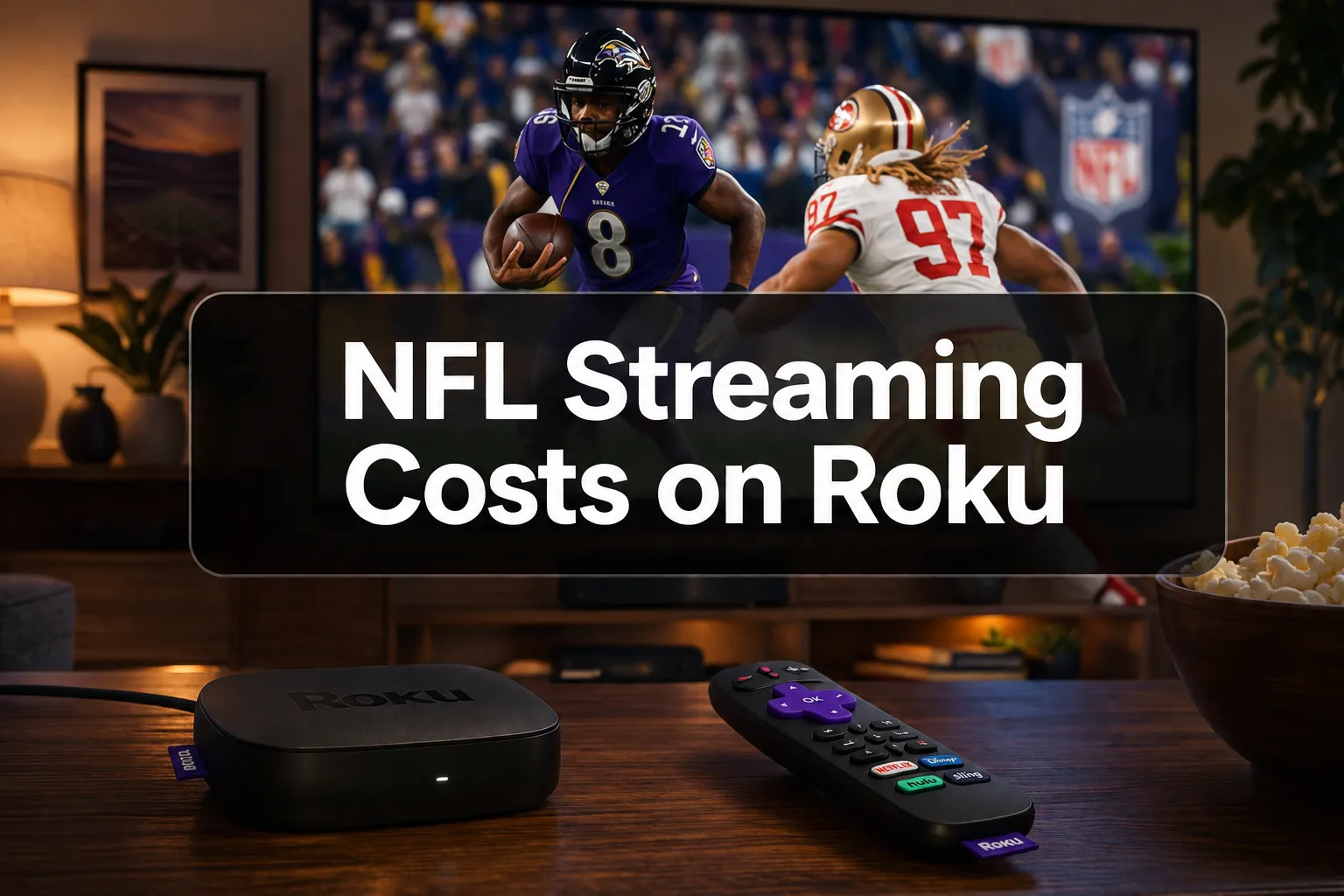 Professional () hero image with 'NFL Streaming Costs on Roku' in white on a dark semi-transparent panel, centered with 8%
