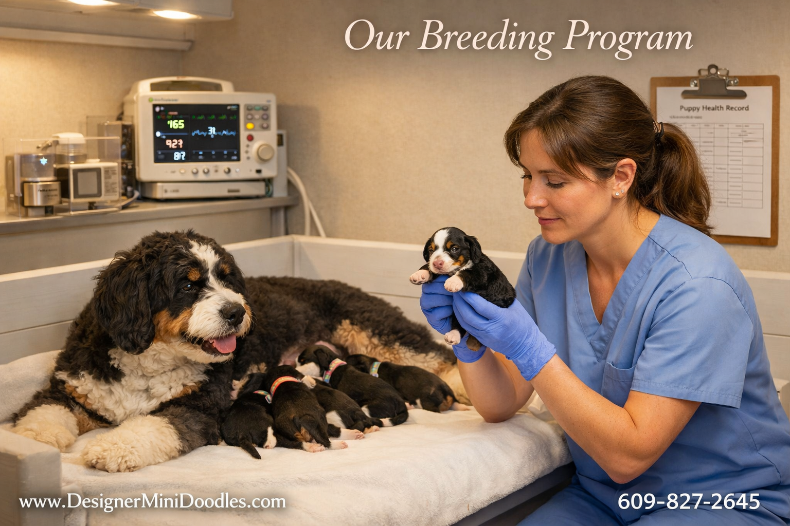 () warm photo-realistic scene of a professional whelping room with a mother bernedoodle nursing puppies on clean white
