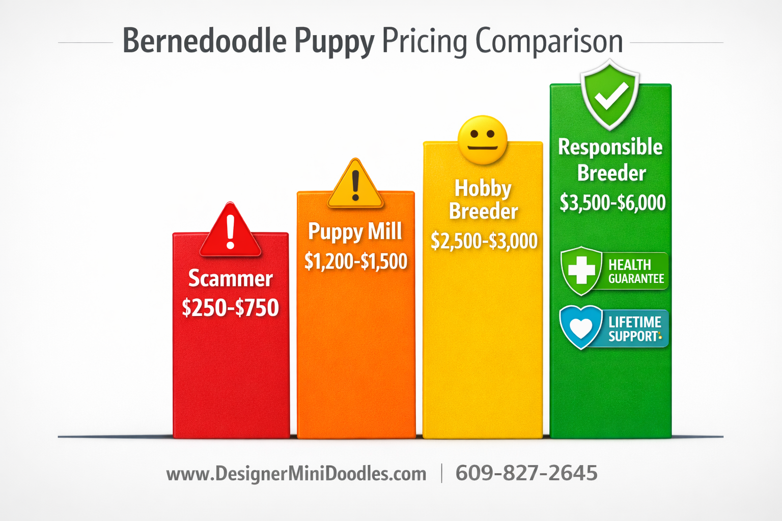 () creative price comparison bar graph infographic with four vertical bars showing bernedoodle puppy pricing tiers: red bar