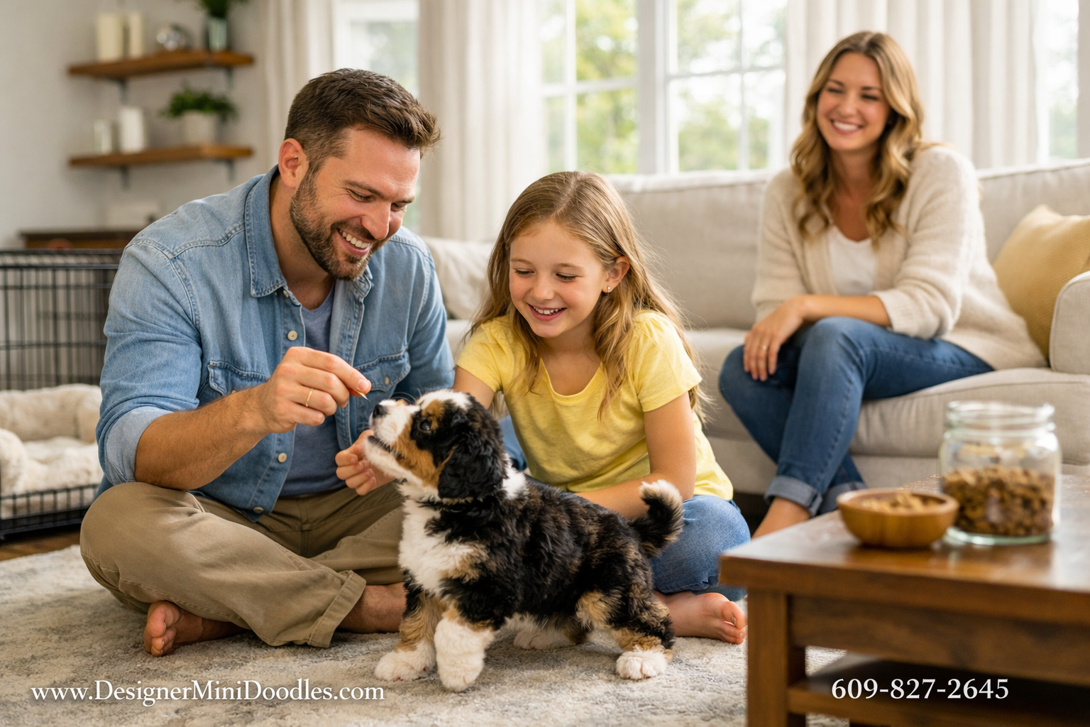 () heartwarming lifestyle photograph of a happy family in a bright modern living room with a miniature bernedoodle puppy