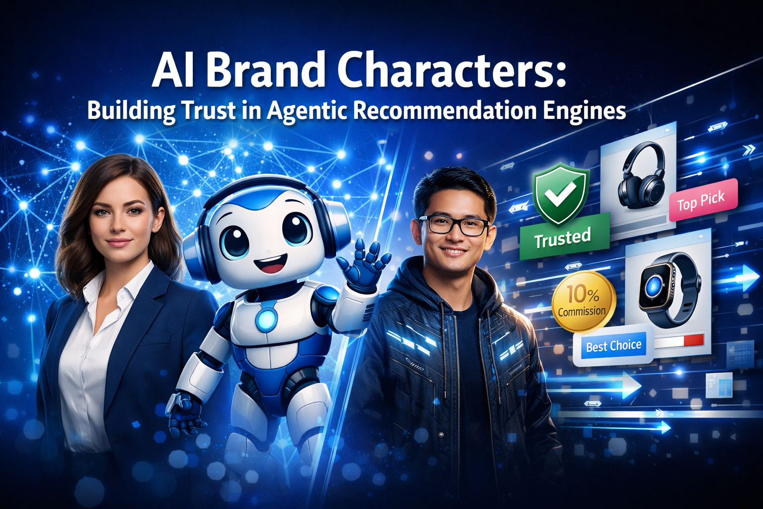 Professional () hero image featuring 'AI Brand Characters: Building Trust in Agentic Recommendation Engines' in extra large