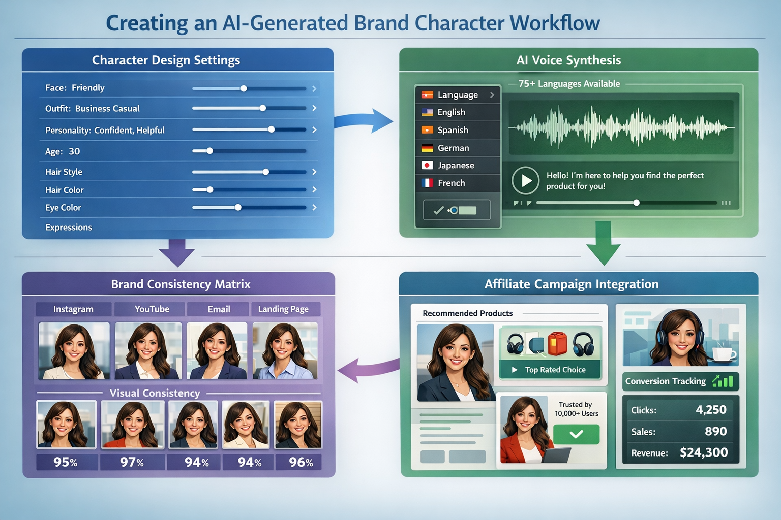() detailed infographic showing step-by-step workflow for creating AI-generated brand character using LTX Studio interface.
