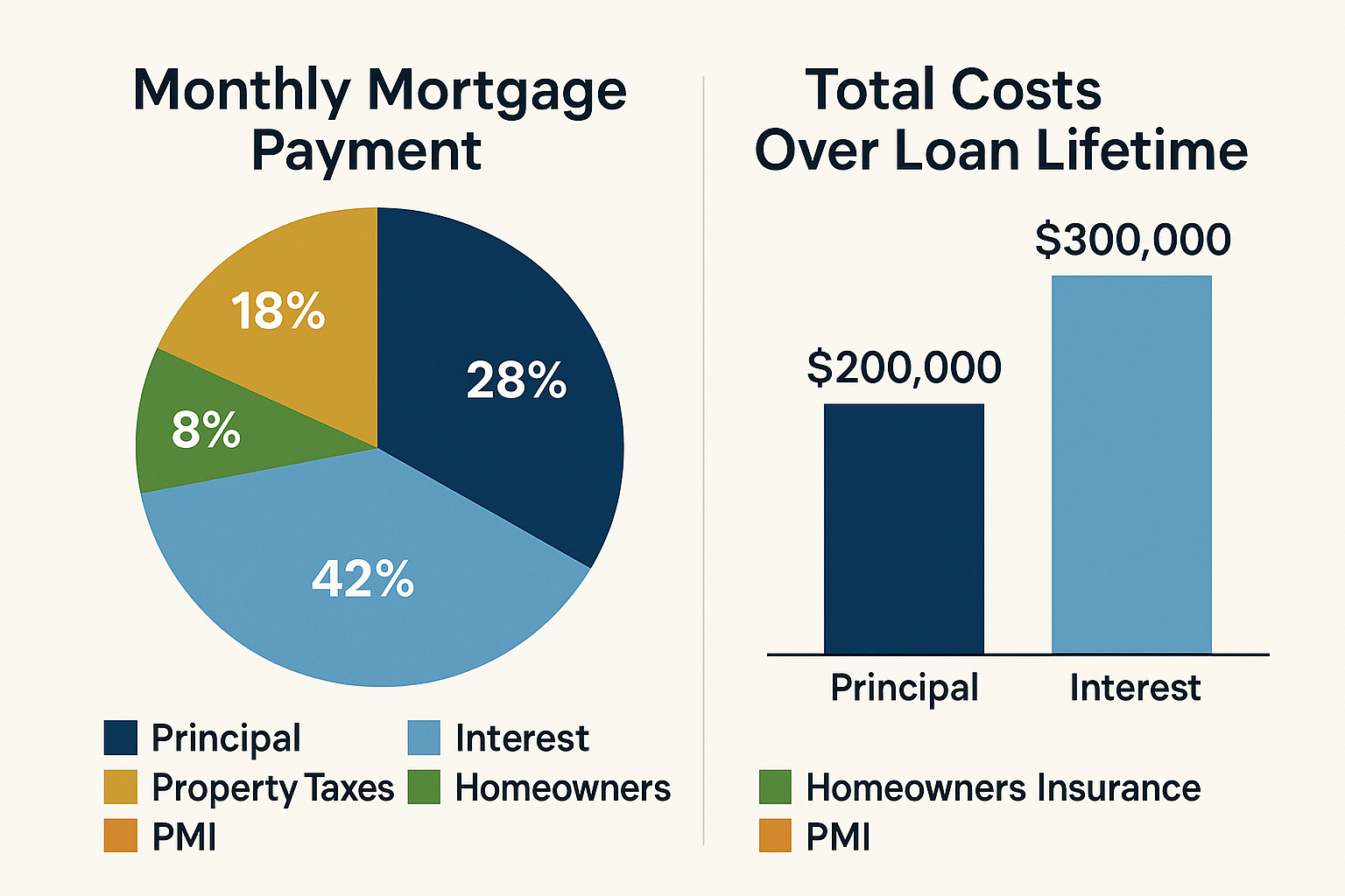 Professional financial breakdown visualization showing pie chart of monthly mortgage payment components: principal in navy blue (28%), inter