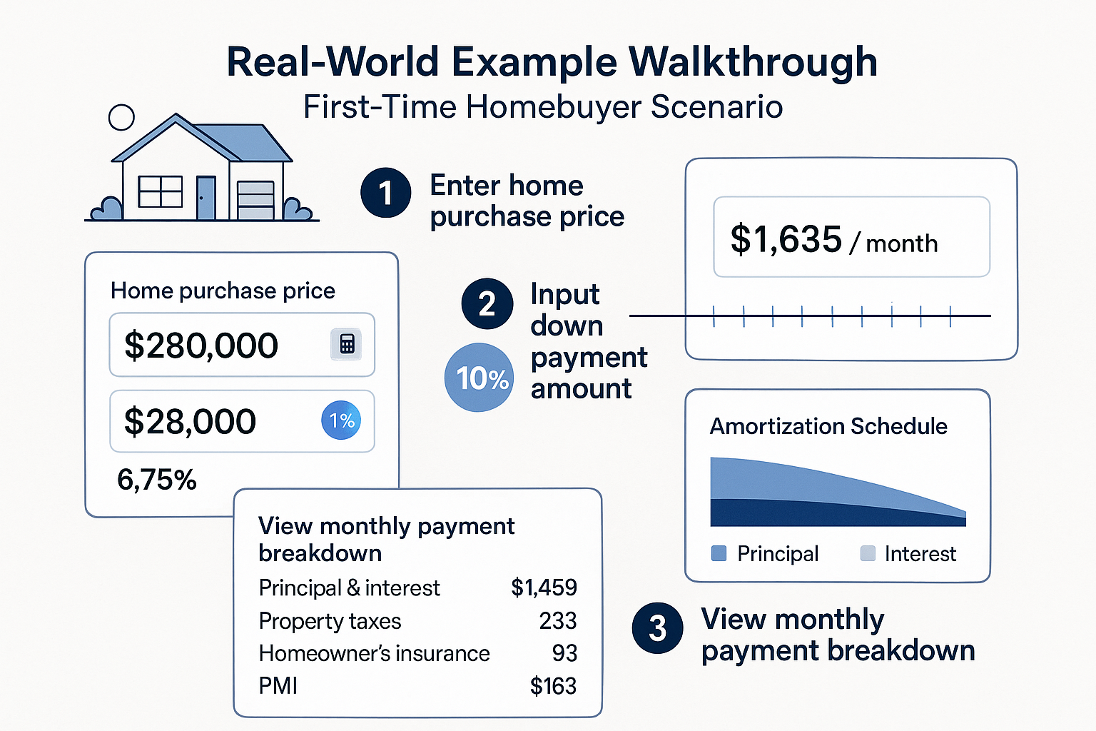 Real-world example walkthrough showing first-time homebuyer scenario with calculator screenshots. Display shows $280,000 home purchase, $28,
