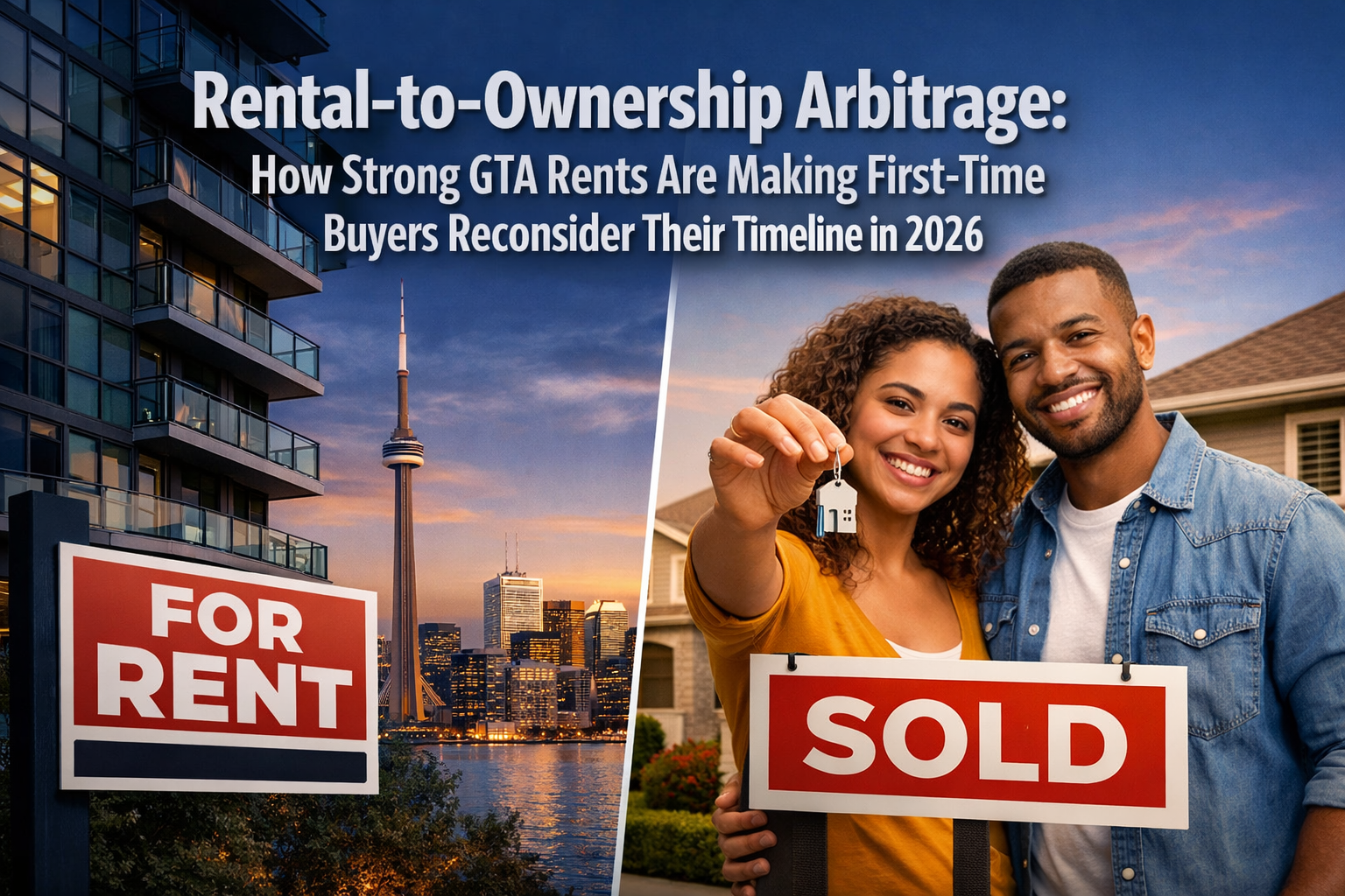 Professional landscape format (1536x1024) hero image featuring bold text overlay 'Rental-to-Ownership Arbitrage: How Strong GTA Rents Are Ma