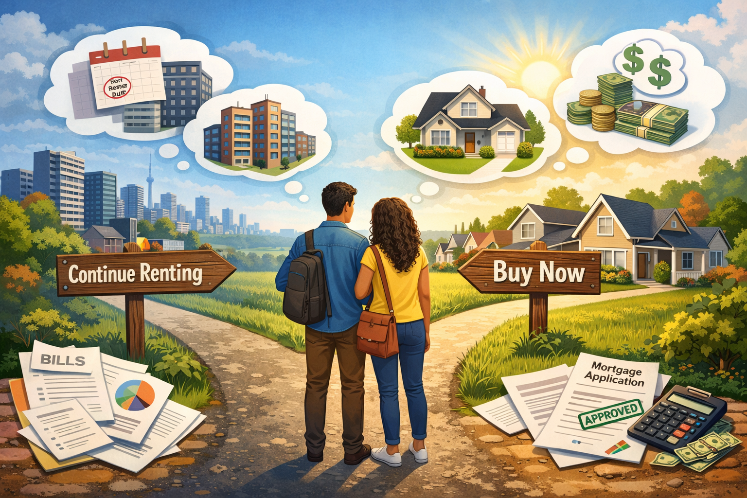 Landscape format (1536x1024) conceptual illustration showing timeline decision-making process for first-time homebuyers. Central image featu