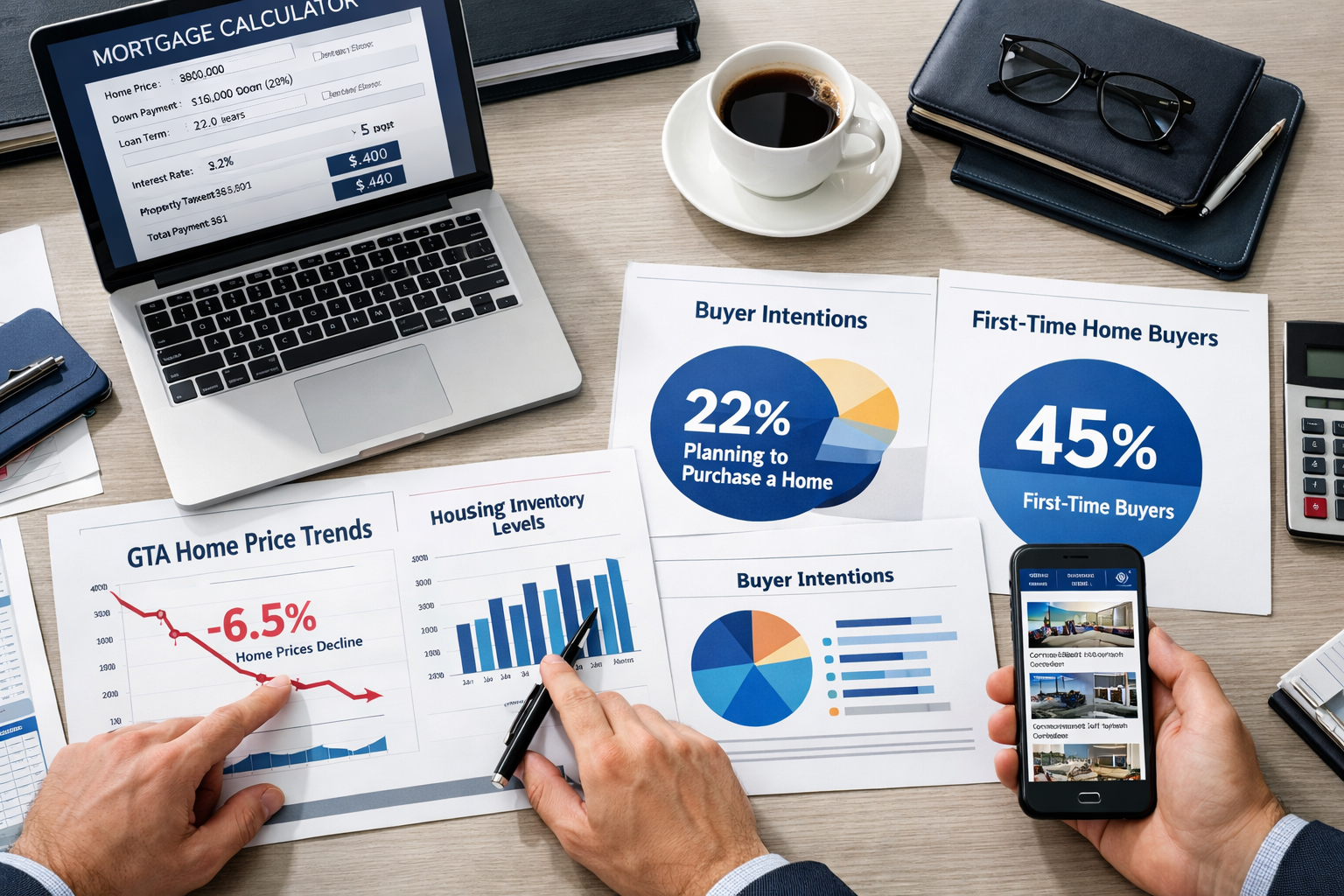 Landscape format (1536x1024) strategic planning scene showing hands pointing at detailed GTA real estate market analysis spread across moder