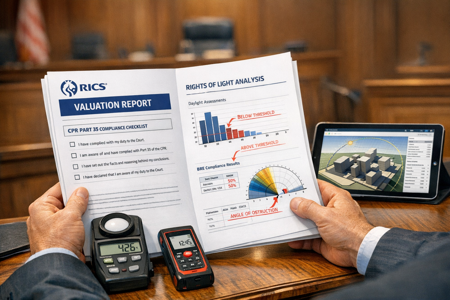 () detailed image showing close-up of professional surveyor's hands holding RICS-branded valuation report document with