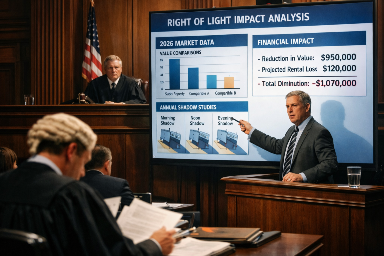 () dramatic courtroom scene showing expert witness surveyor in professional attire standing at witness box, gesturing toward