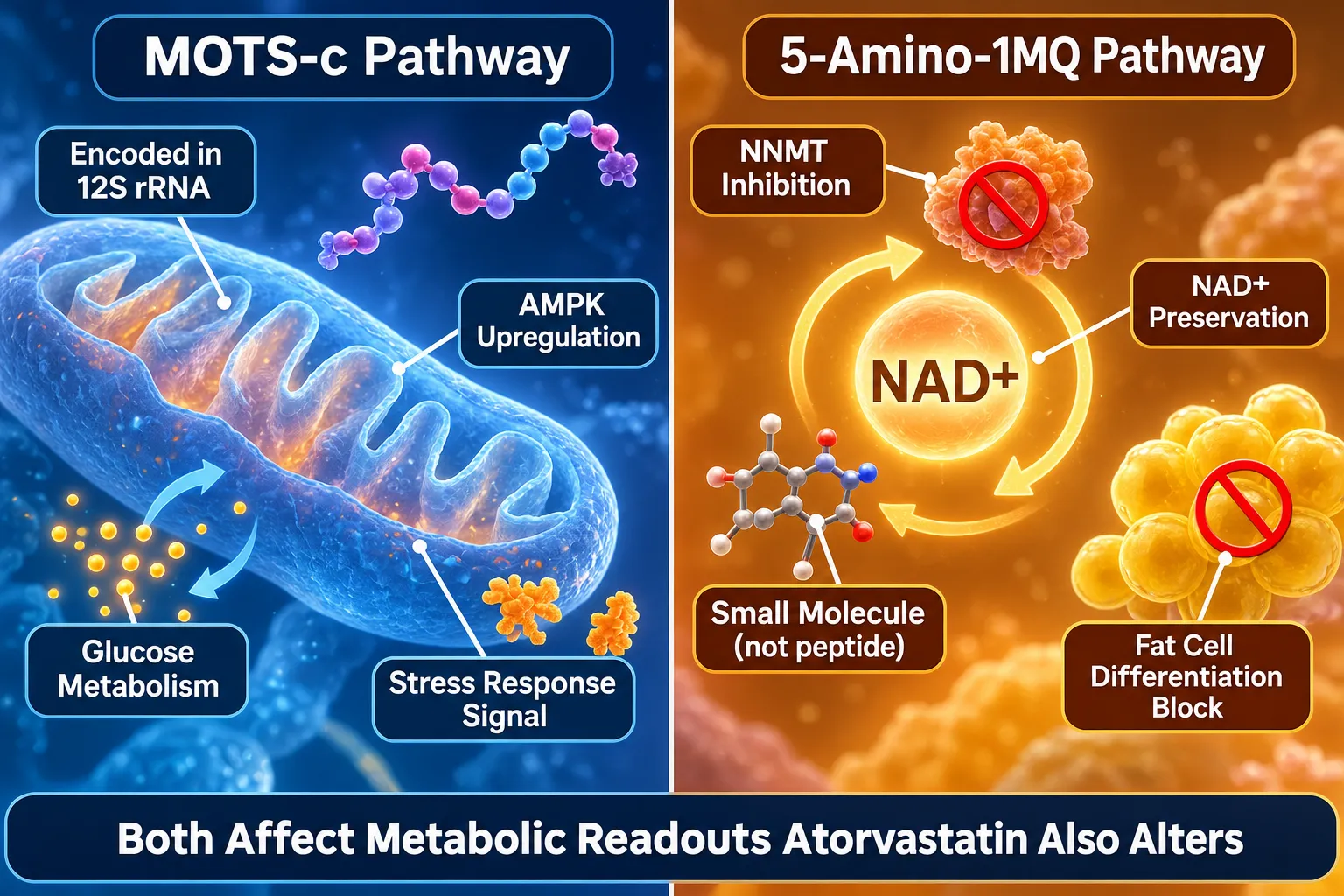 MOTS-c and 5-Amino-1MQ: Distinct Mechanisms, Shared Endpoints