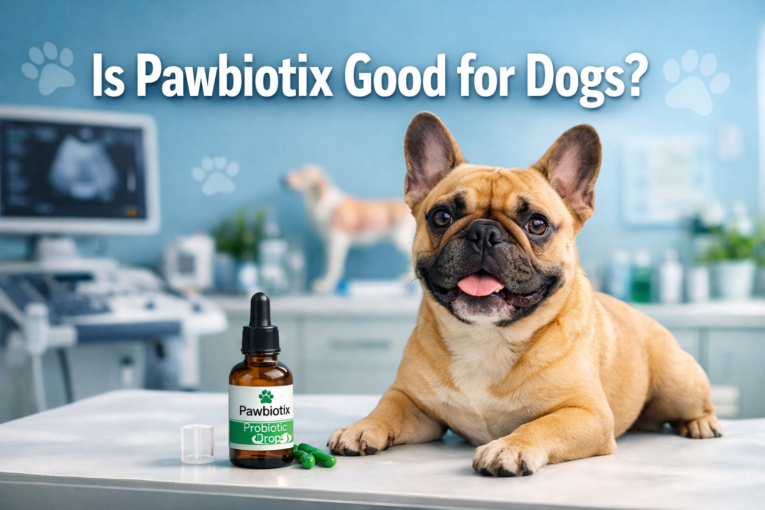 Professional landscape format (1536x1024) hero image featuring bold text overlay 'Is Pawbiotix Good for Dogs?' in extra large 72pt white san