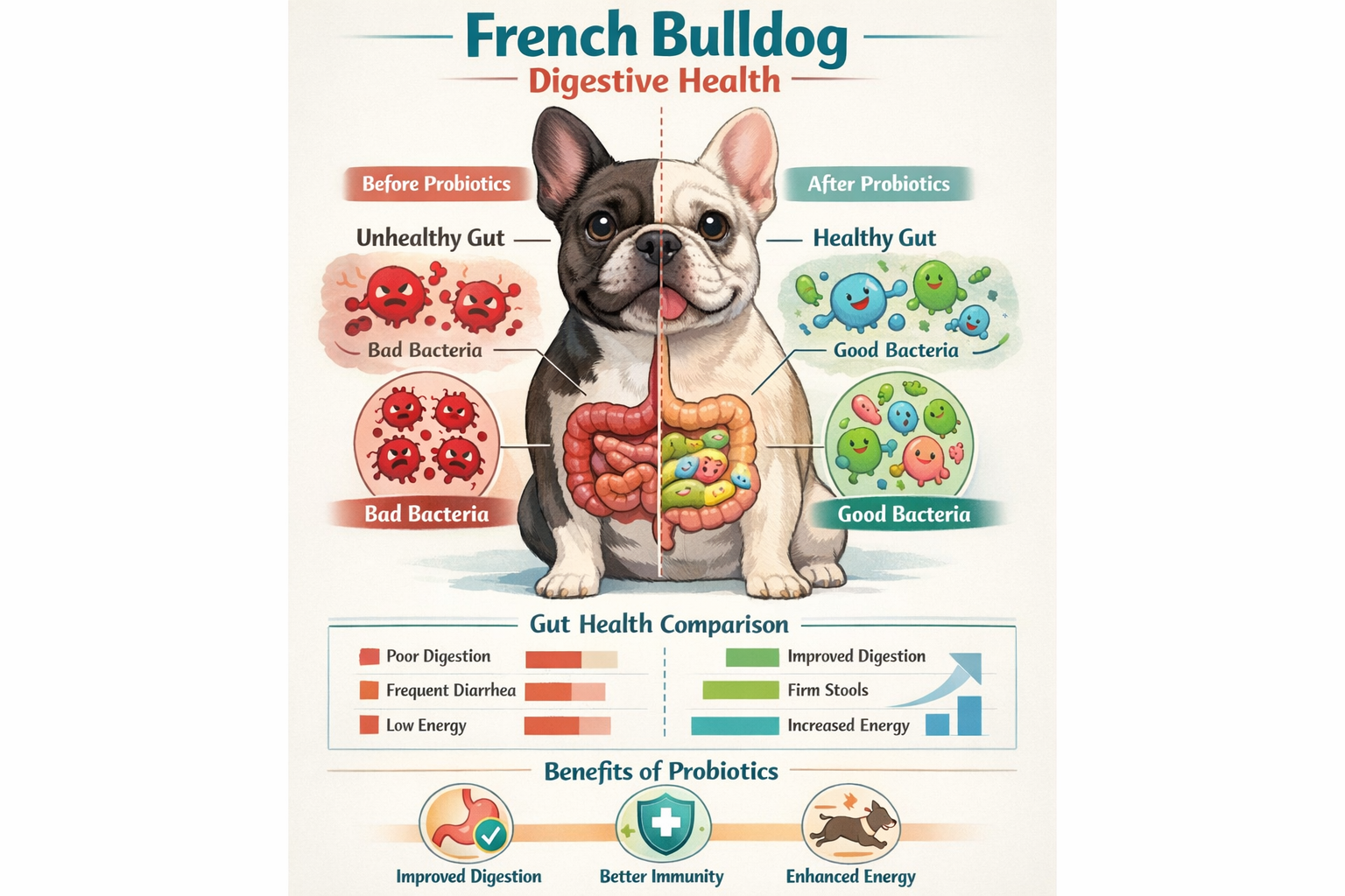 Portrait format (1024x1536) infographic showing French Bulldog digestive system with healthy gut bacteria illustrations, before and after co