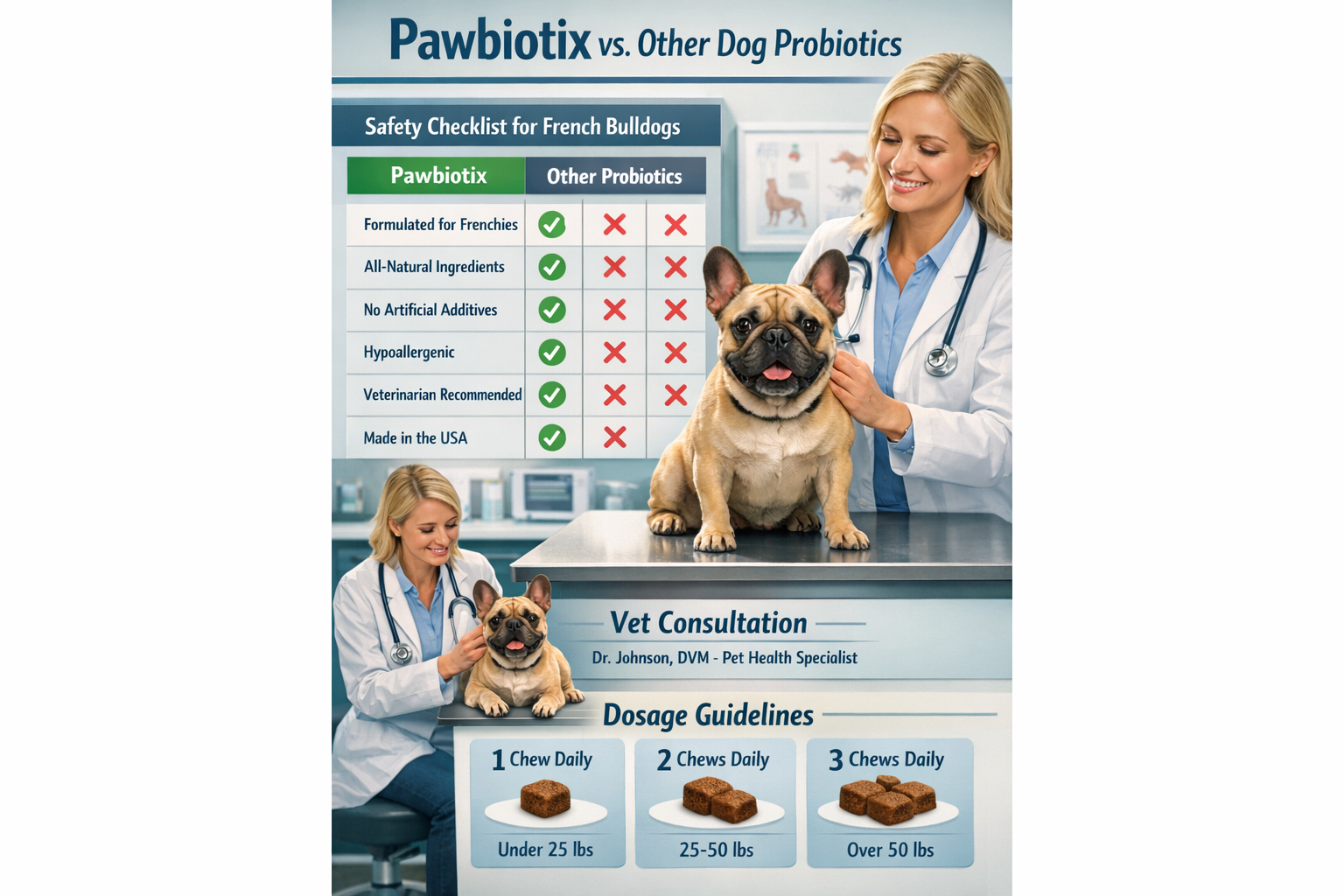 Portrait format (1024x1536) comparison chart showing Pawbiotix versus other dog probiotics, safety checklist for French Bulldogs, veterinari