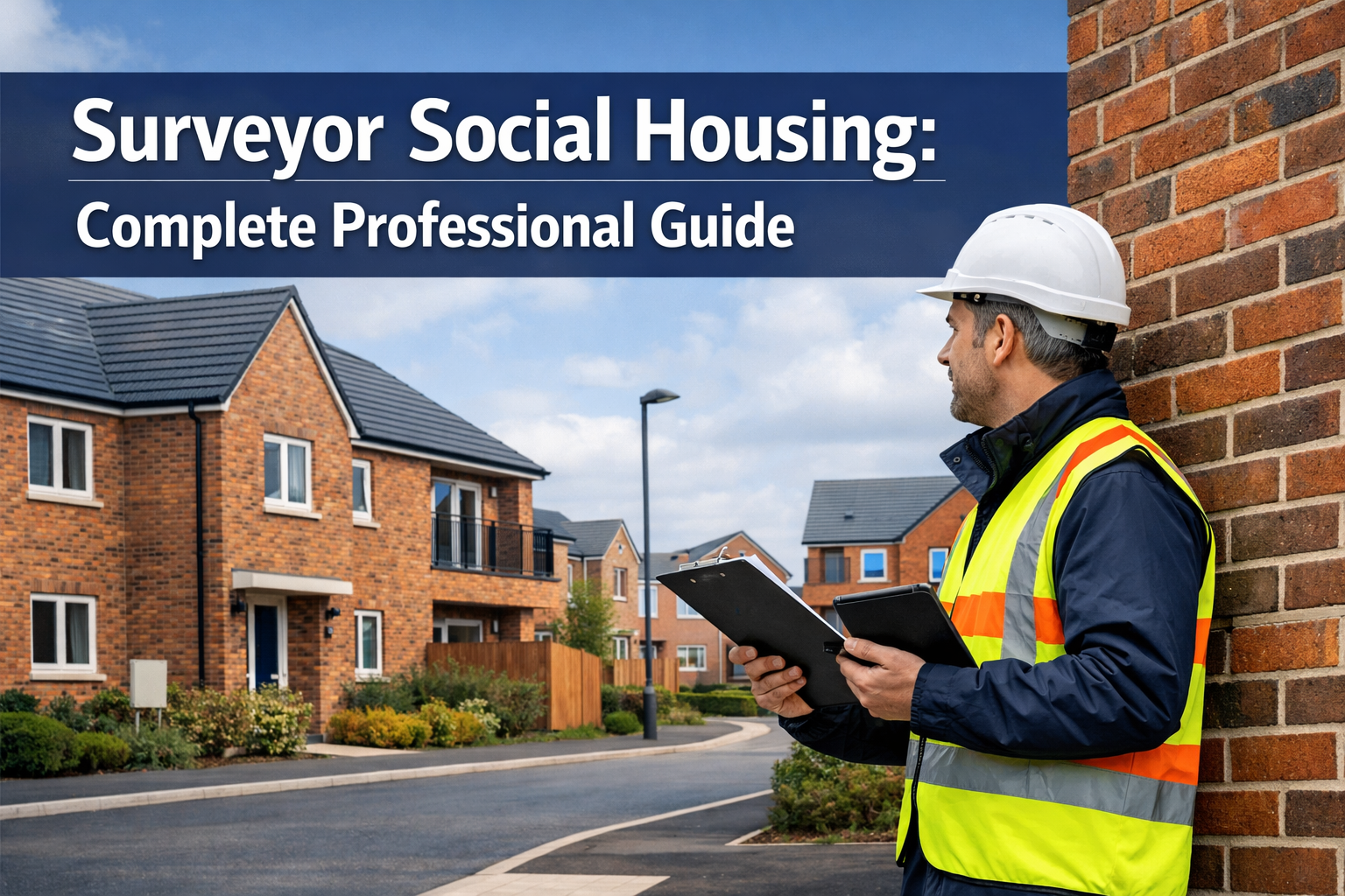Professional landscape hero image (1536x1024) featuring bold text overlay 'Surveyor Social Housing: Complete Professional Guide' in extra la