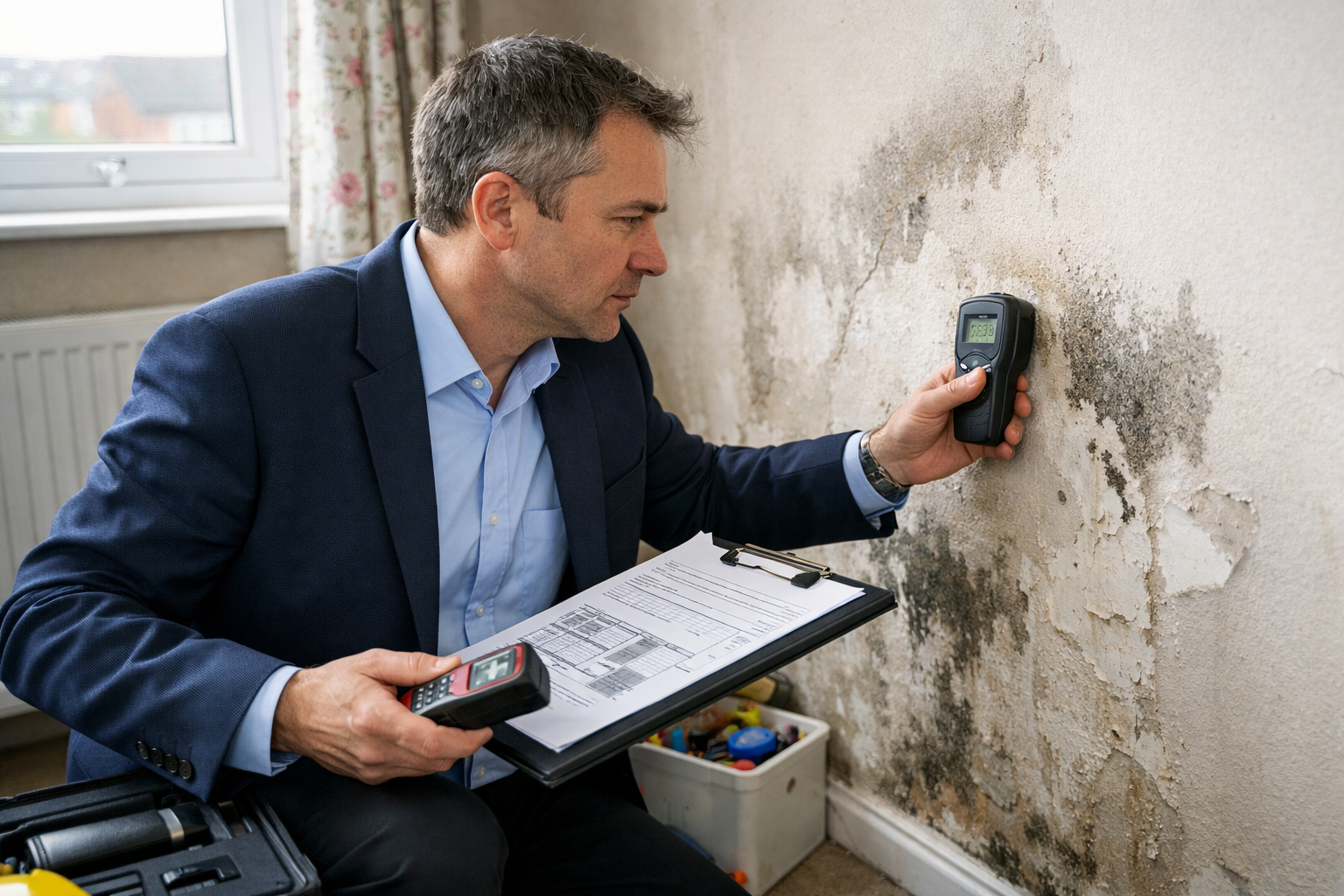 Detailed landscape editorial image (1536x1024) showing professional building surveyor conducting thorough inspection of social housing prope