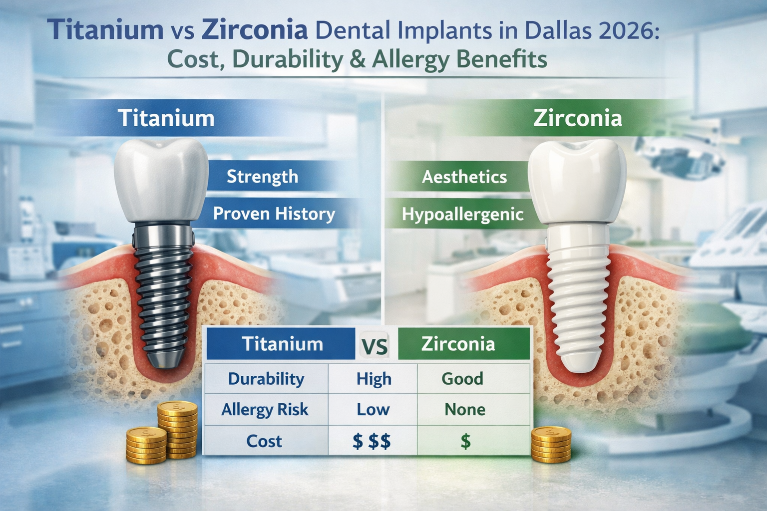 Detailed landscape format (1536x1024) image illustrating the core properties of titanium and zirconia dental implants. One side shows a meta