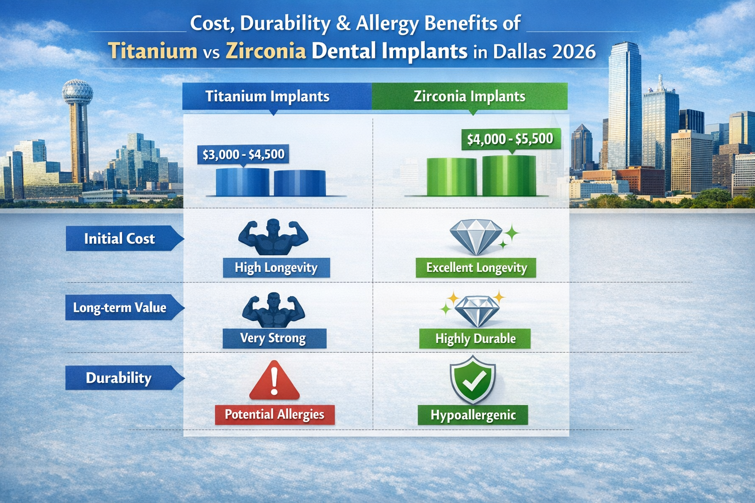 Detailed landscape format (1536x1024) image featuring a clear infographic or bar chart comparing the average costs of titanium and zirconia 