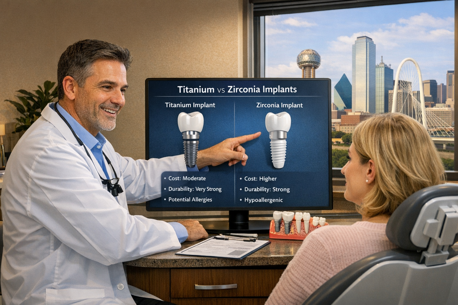 Detailed landscape format (1536x1024) image depicting a patient consulting with a dentist in a modern Dallas dental office. The dentist is p
