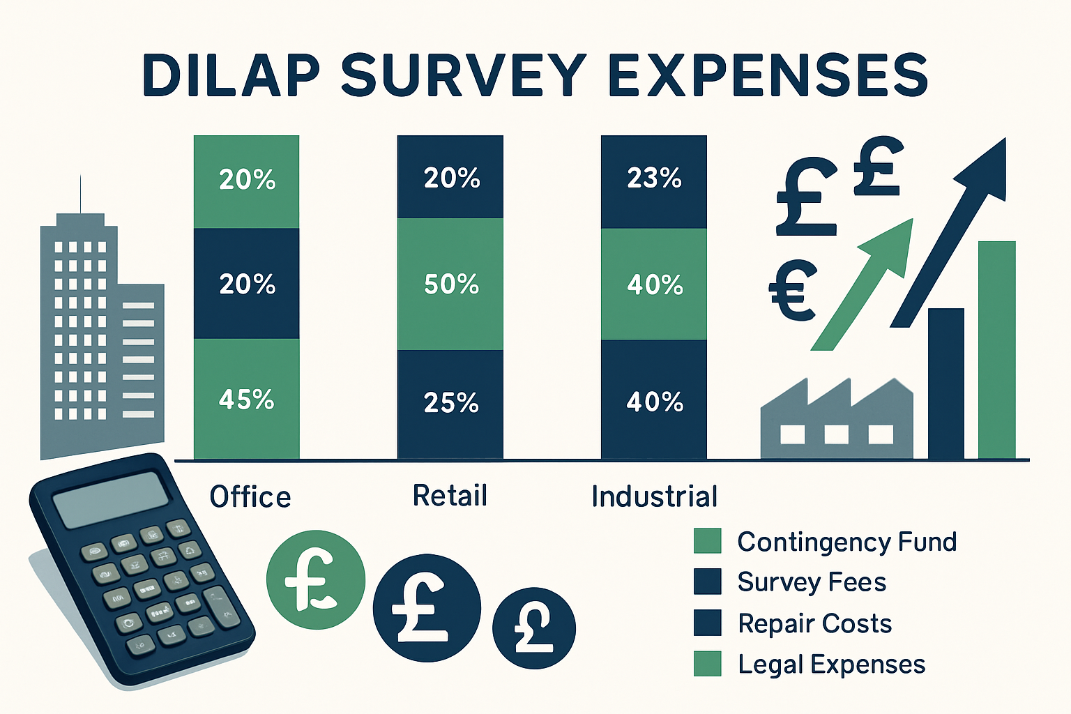 Comprehensive cost breakdown chart for delap survey expenses showing bar graphs comparing different property types (office, retail, industri