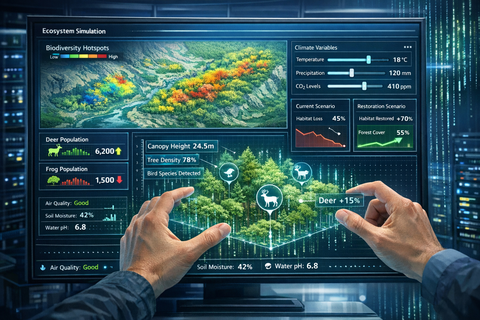 Landscape format (1536x1024) detailed illustration showing interactive digital twin interface on large touchscreen monitor displaying real-t