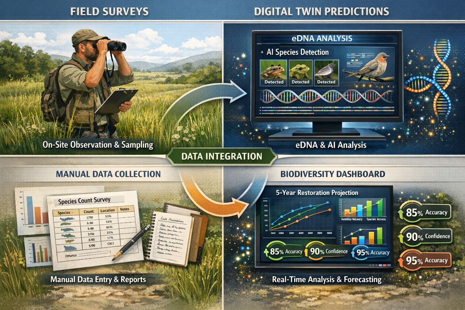 Landscape format (1536x1024) comprehensive infographic showing four-quadrant comparison of traditional field survey methods versus digital t