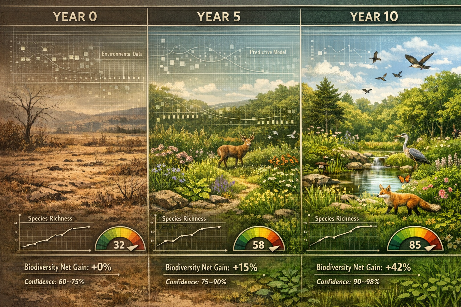 Landscape format (1536x1024) detailed visualization of biodiversity restoration success timeline using digital twin modeling. Shows three-pa