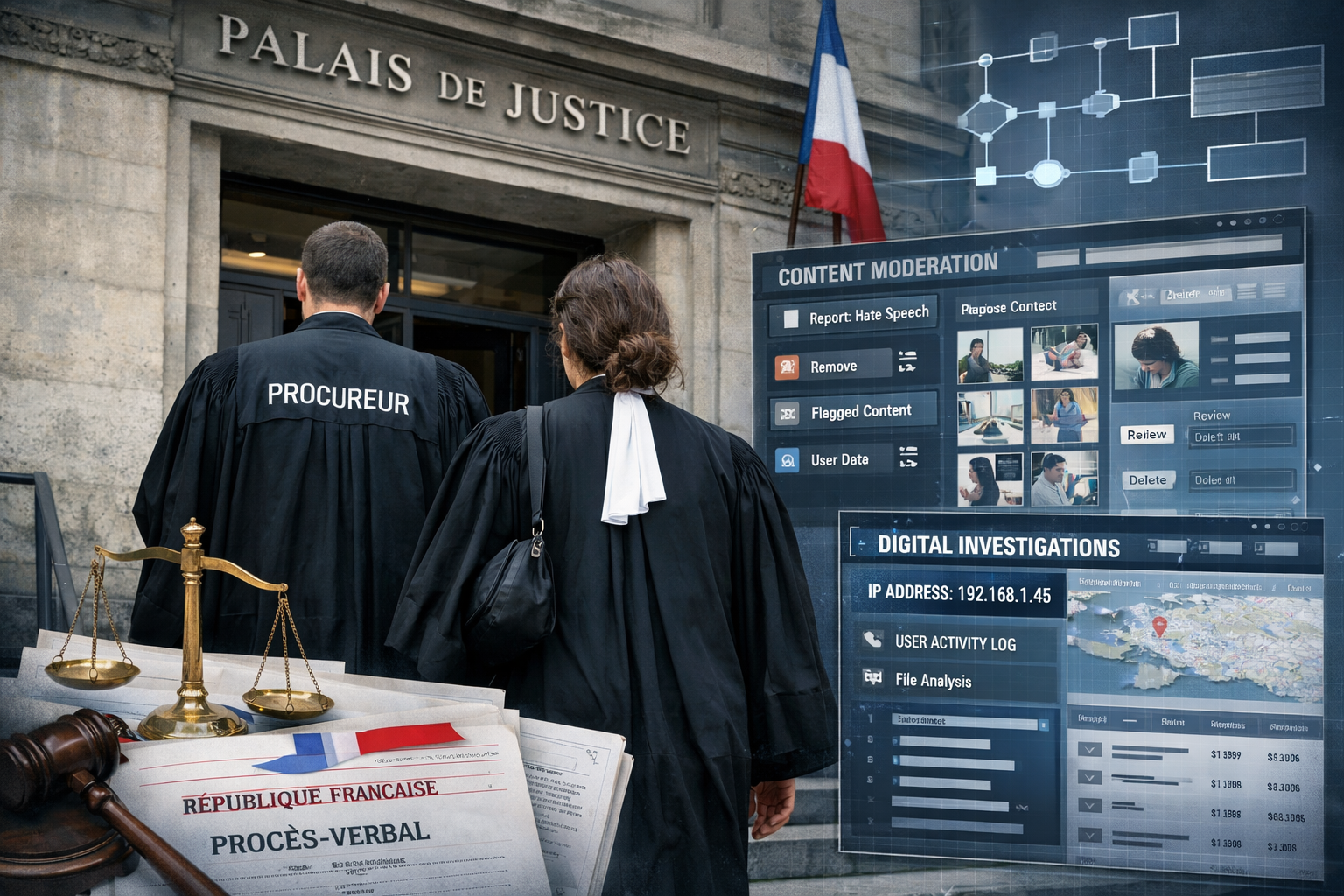 Landscape format (1536x1024) editorial image showing French judicial building exterior with prosecutors entering, combined with overlay of c