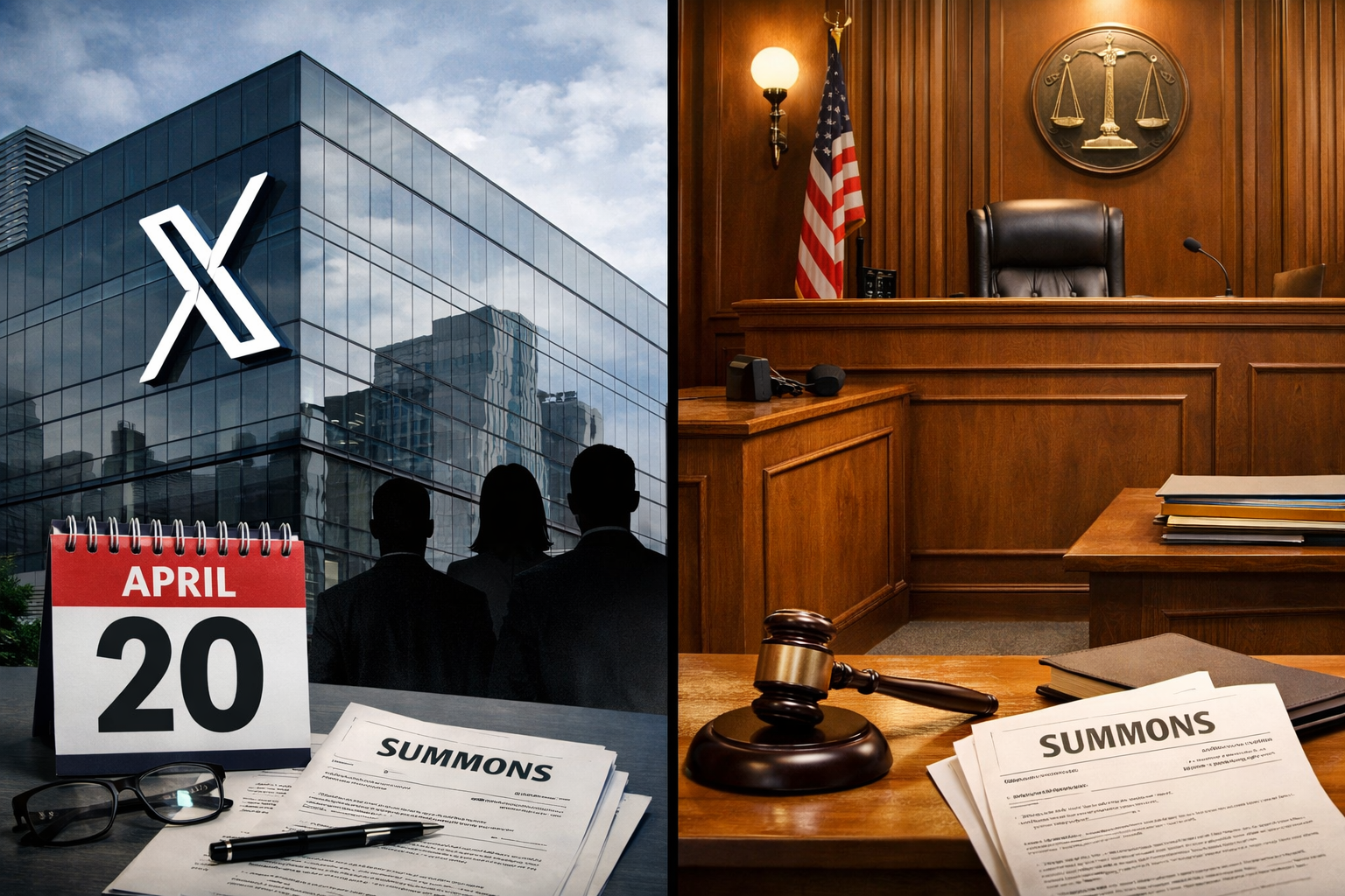 Landscape format (1536x1024) split-screen composition showing corporate headquarters building on left side with X platform logo visible, and