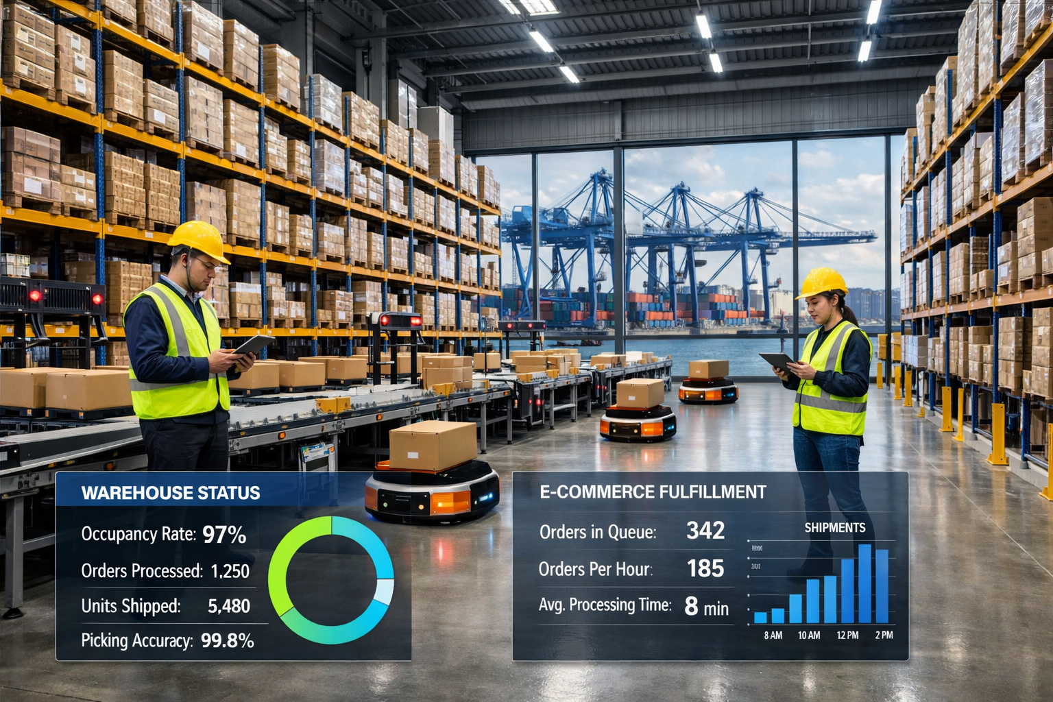 Detailed () editorial-style photograph showing interior of state-of-the-art automated warehouse facility with high ceilings,