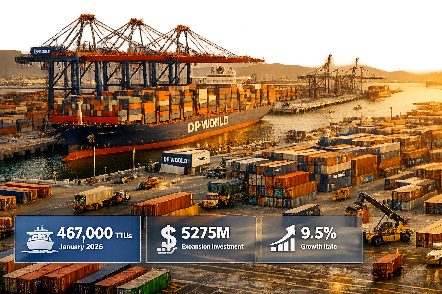 Detailed () dynamic photograph of busy Port of Santos container terminal during golden hour showing massive post-Panamax