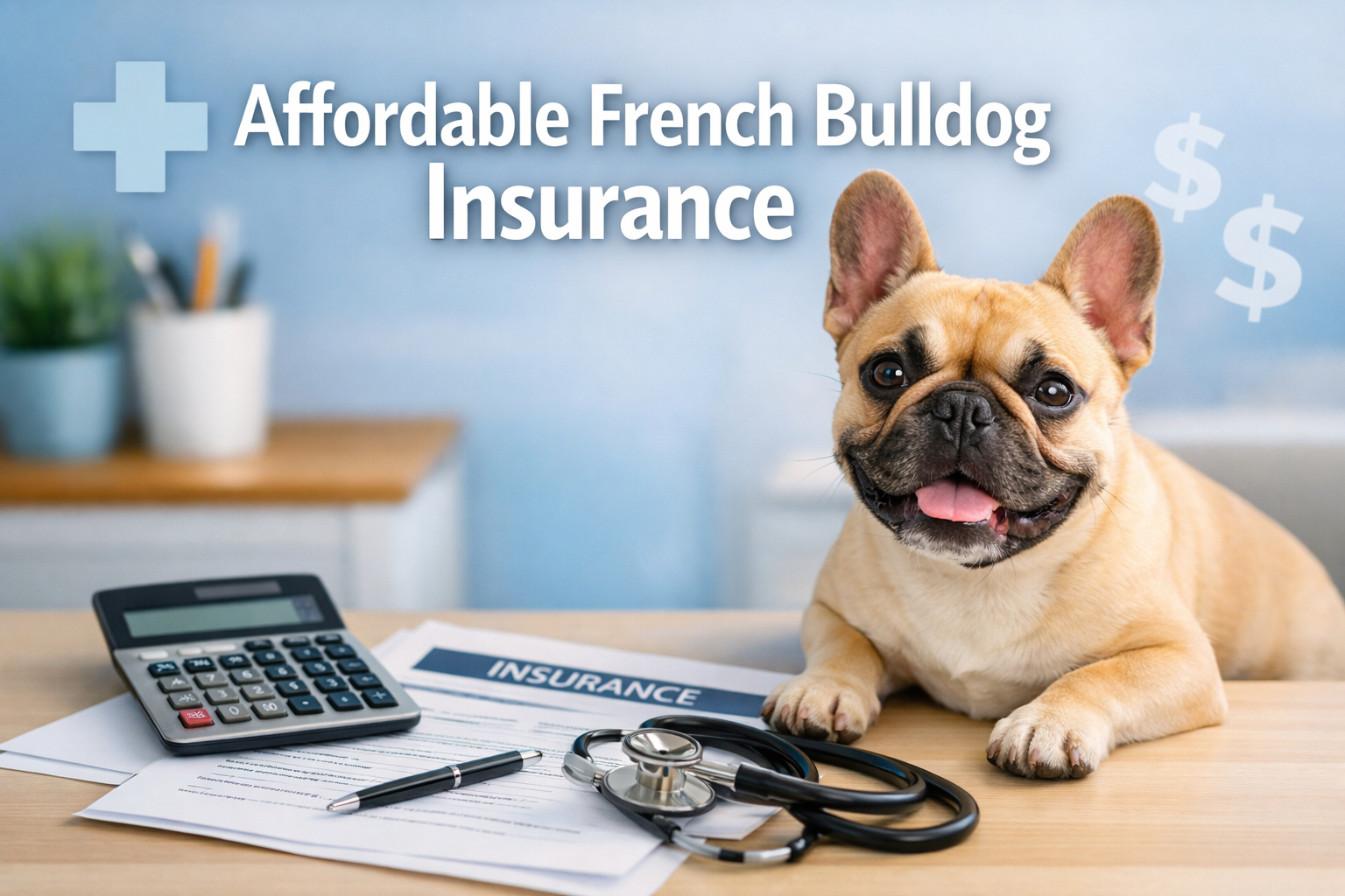 Professional landscape format (1536x1024) hero image featuring bold text overlay 'Affordable French Bulldog Insurance' in extra large 72pt w