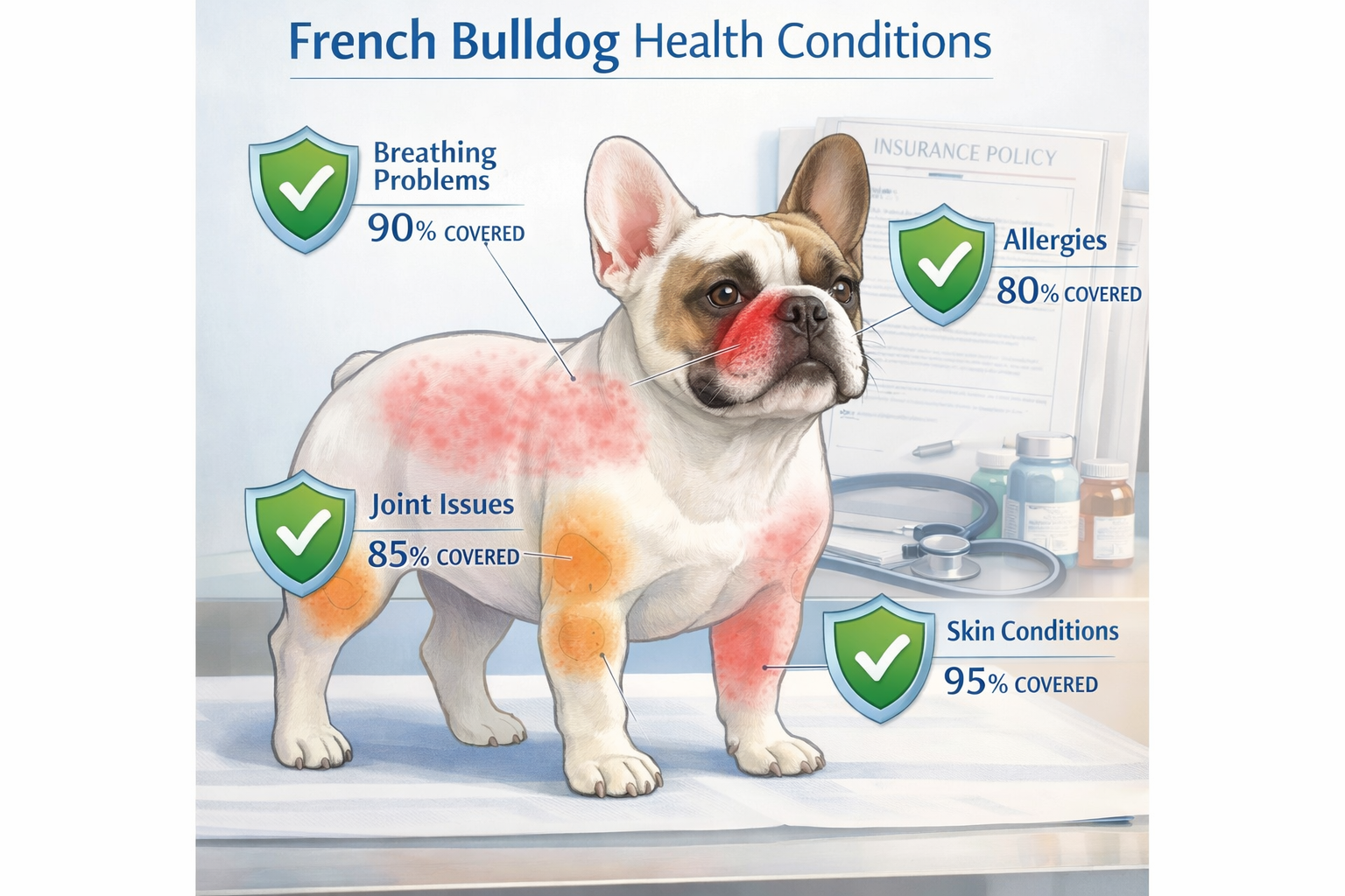 Portrait format (1024x1536) illustration of French Bulldog health conditions coverage map. Visual shows anatomical outline of Frenchie with 
