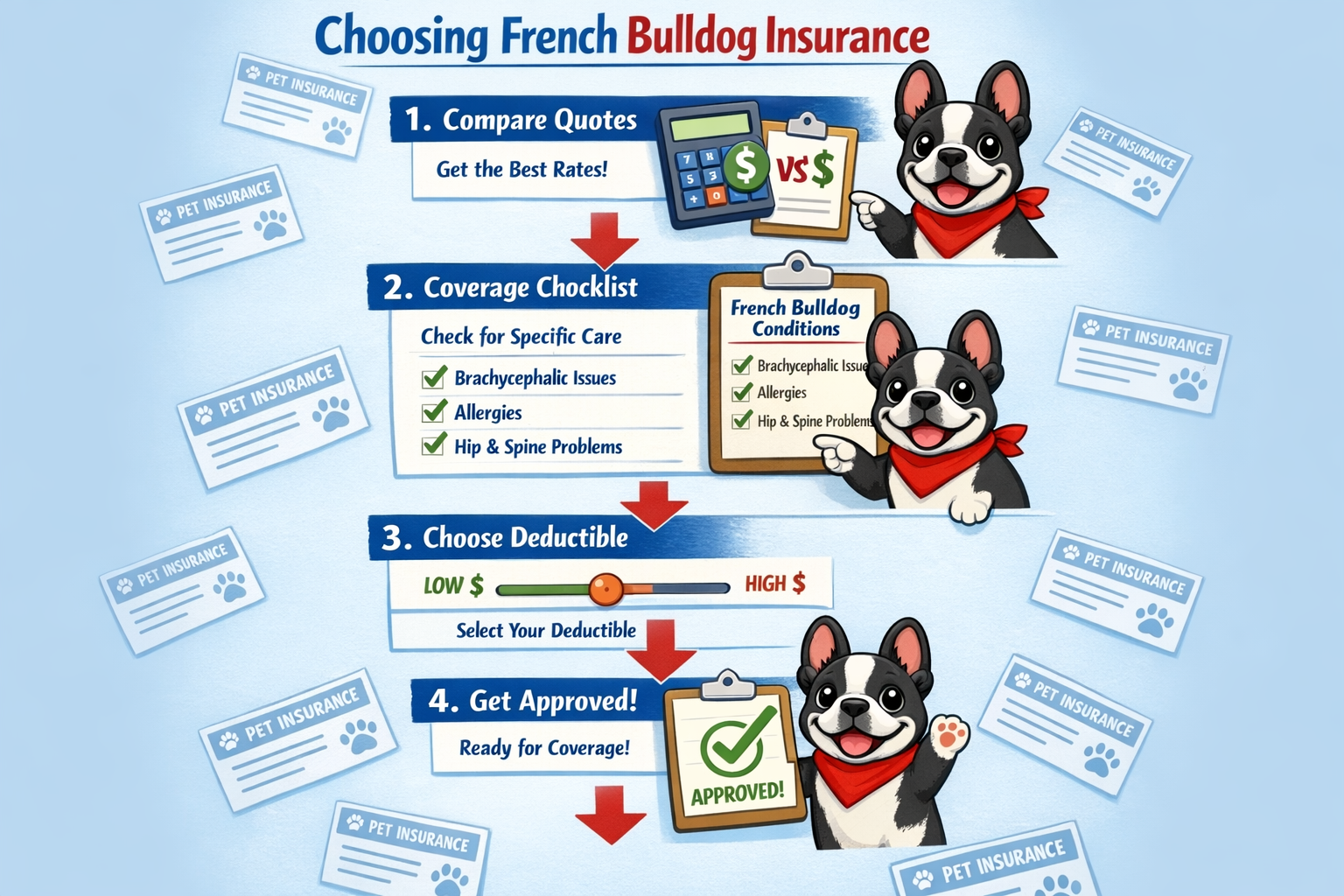 Portrait format (1024x1536) step-by-step visual guide for choosing French Bulldog insurance. Shows numbered pathway with icons: 1) Compare q