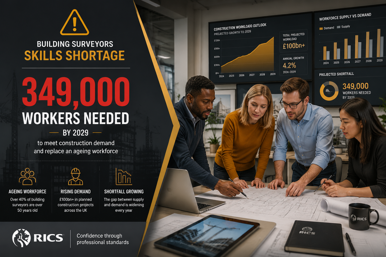 Infographic-style editorial image showing a split composition: left side features a skills shortage warning graphic with