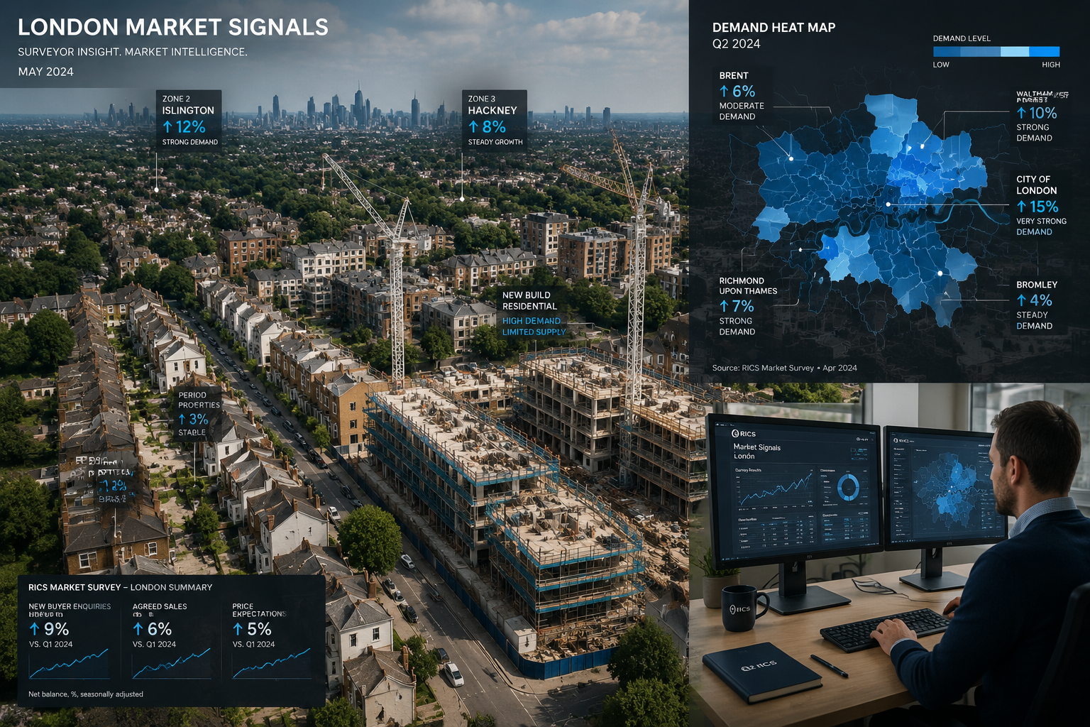 Aerial drone-perspective editorial image of a mixed urban and suburban London neighbourhood showing residential streets,