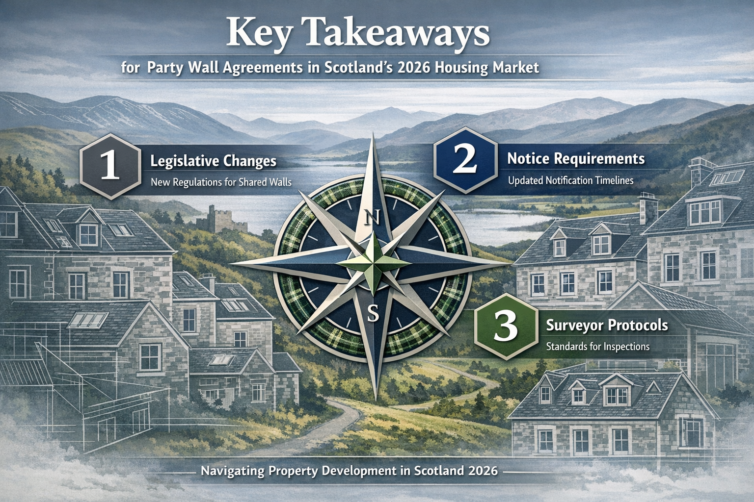 A clean, modern infographic showcasing 'Key Takeaways' for Party Wall Agreements in Scotland's 2026 housing market. Graphic features a styli