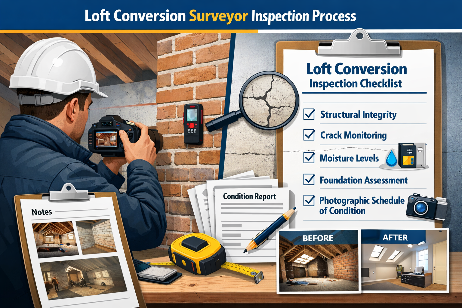 Detailed landscape format (1536x1024) infographic-style image displaying surveyor inspection process for loft conversions. Split-screen comp