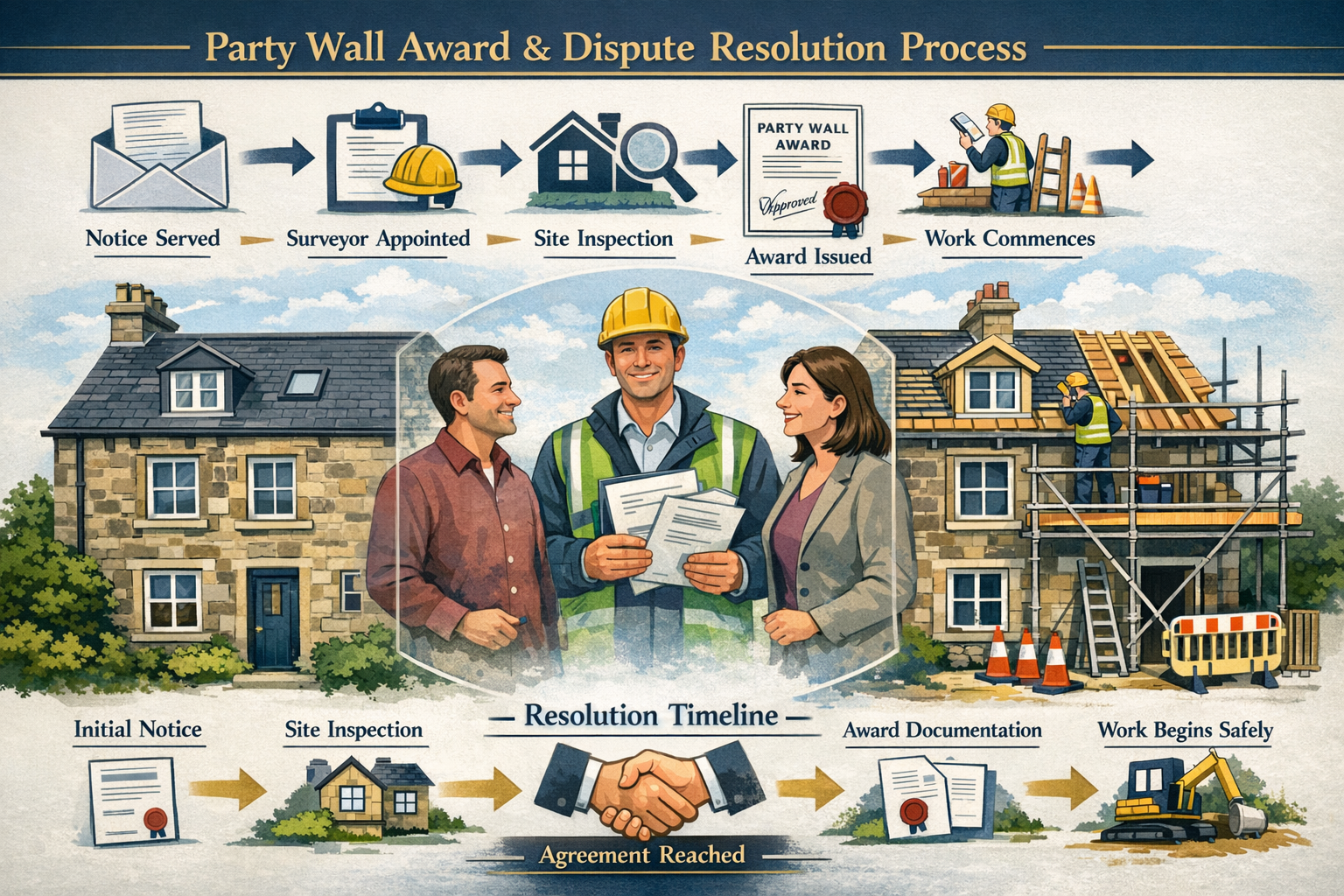 Detailed landscape format (1536x1024) conceptual illustration showing dispute resolution and Party Wall Award process. Central image of two