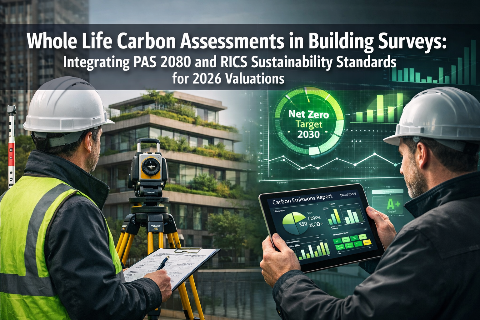 Professional () hero image featuring 'Whole Life Carbon Assessments in Building Surveys: Integrating PAS 2080 and RICS