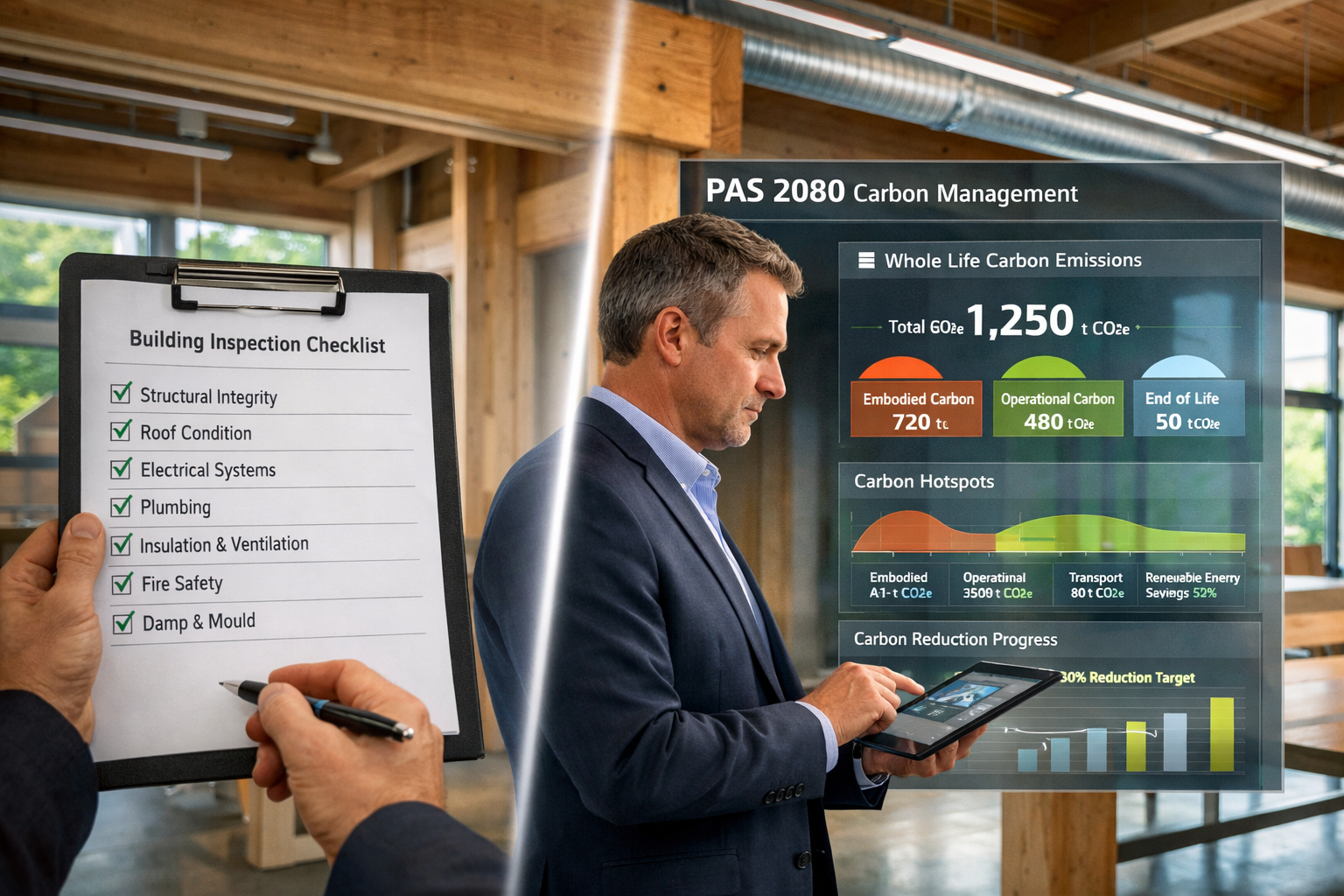 () professional photograph of chartered surveyor conducting building inspection with integrated carbon assessment