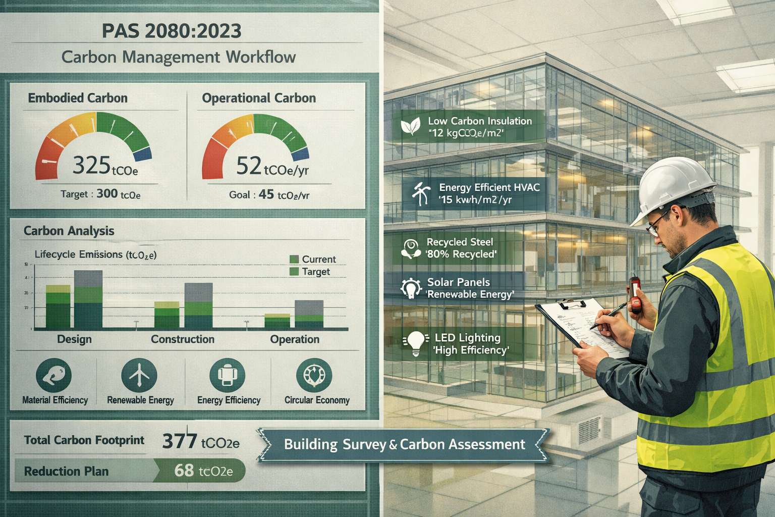 A detailed architectural visualization showing PAS 2080:2023 carbon management workflow integrated into a building survey