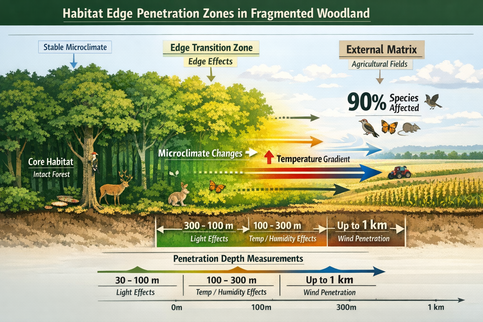 Detailed () illustration showing cross-sectional diagram of habitat edge penetration zones in fragmented woodland. Visual