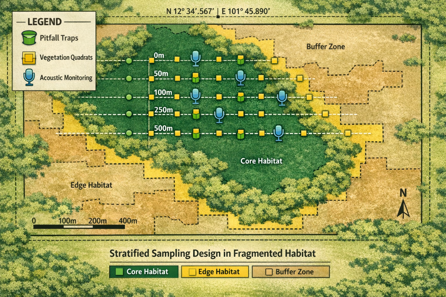 Detailed () technical diagram showing stratified sampling grid design overlaid on fragmented habitat map. Visual includes