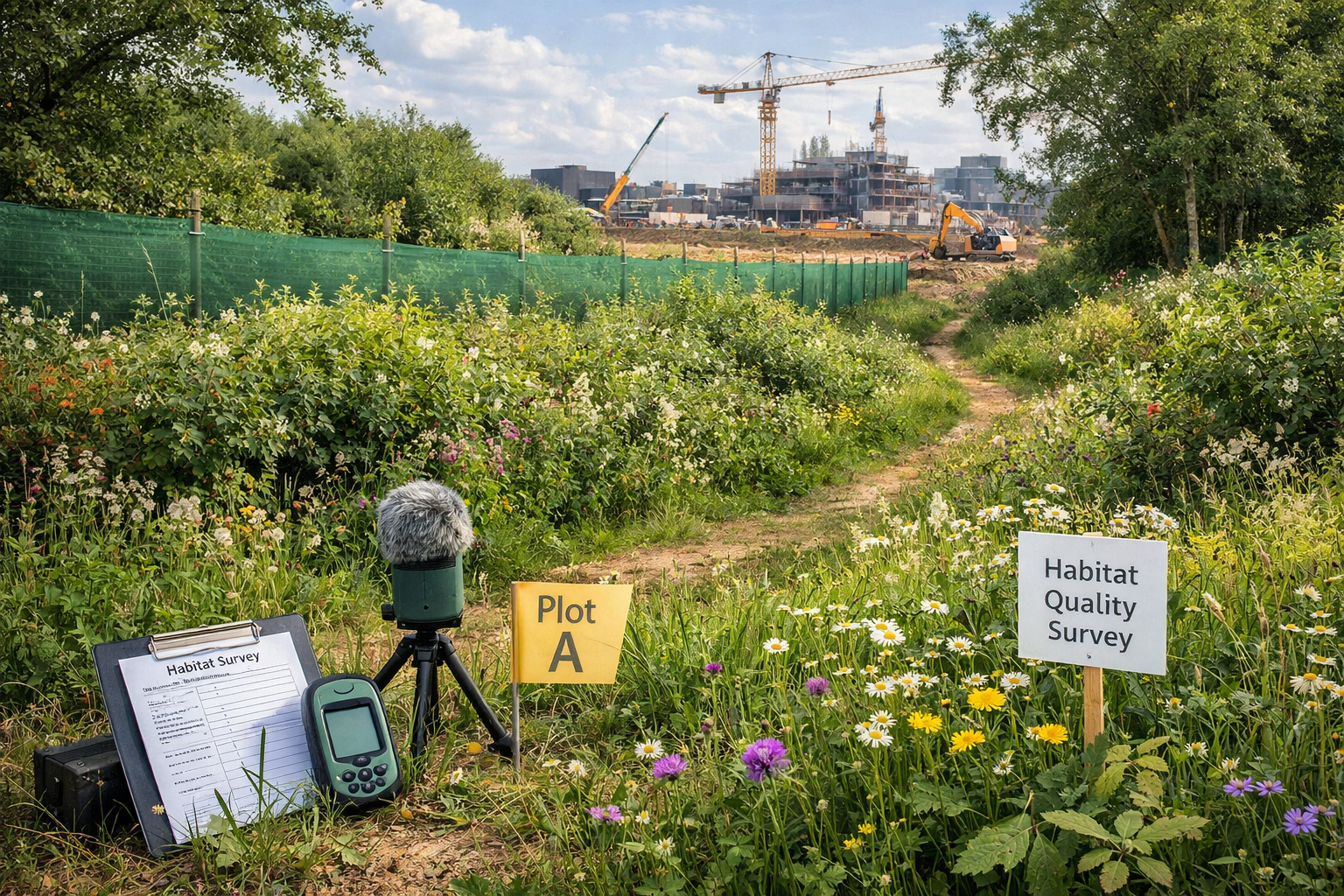 Detailed () photorealistic scene of urban development site showing successful buffer zone implementation for biodiversity