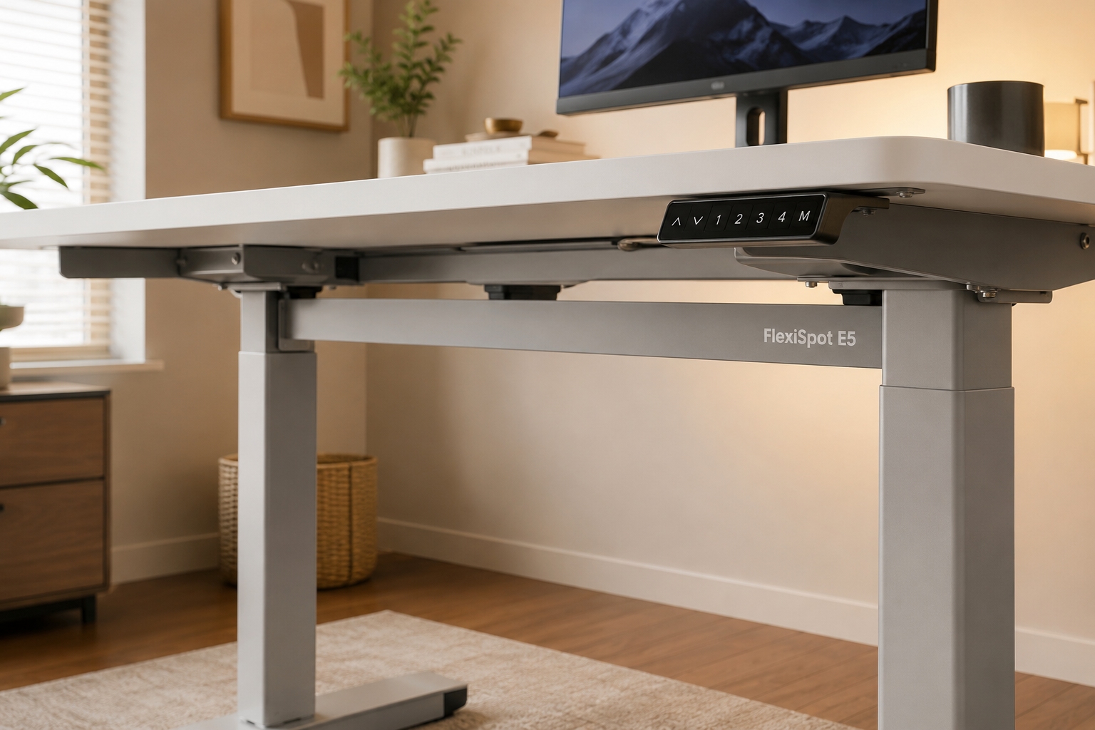 FlexiSpot E5 standing desk close-up showing the dual-motor frame with T-form crossbeam design, keypad with 4 memory preset buttons visible, clean white desktop surface, product label 'FlexiSpot E5' subtly visible on the frame, shot from a slight low angle in a modern home office setting. FlexiSpot E5