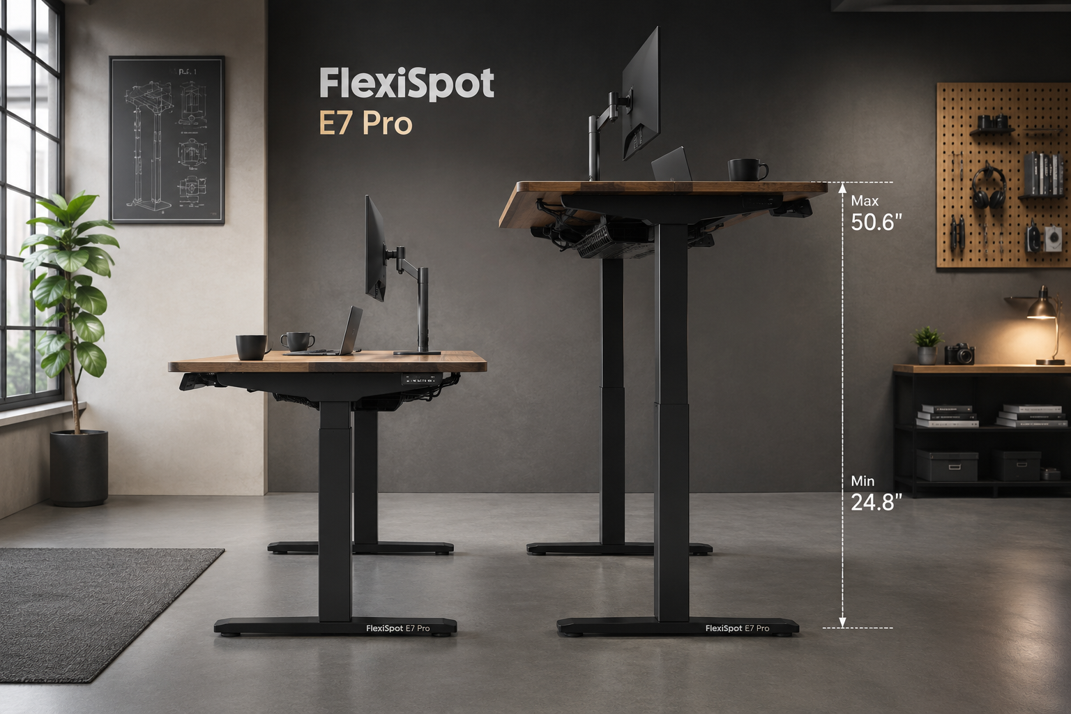 FlexiSpot E7 Pro standing desk in an elevated position showing the extended height range, improved cable management system with bundled cables, premium frame finish with 'FlexiSpot E7 Pro' branding visible, wide-angle shot from the side showing the full height adjustment range in a professional studio workspace. FlexiSpot E7 Pro