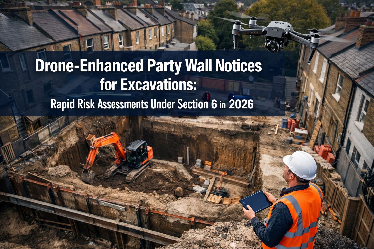 Professional () hero image featuring 'Drone-Enhanced Party Wall Notices for Excavations: Rapid Risk Assessments Under