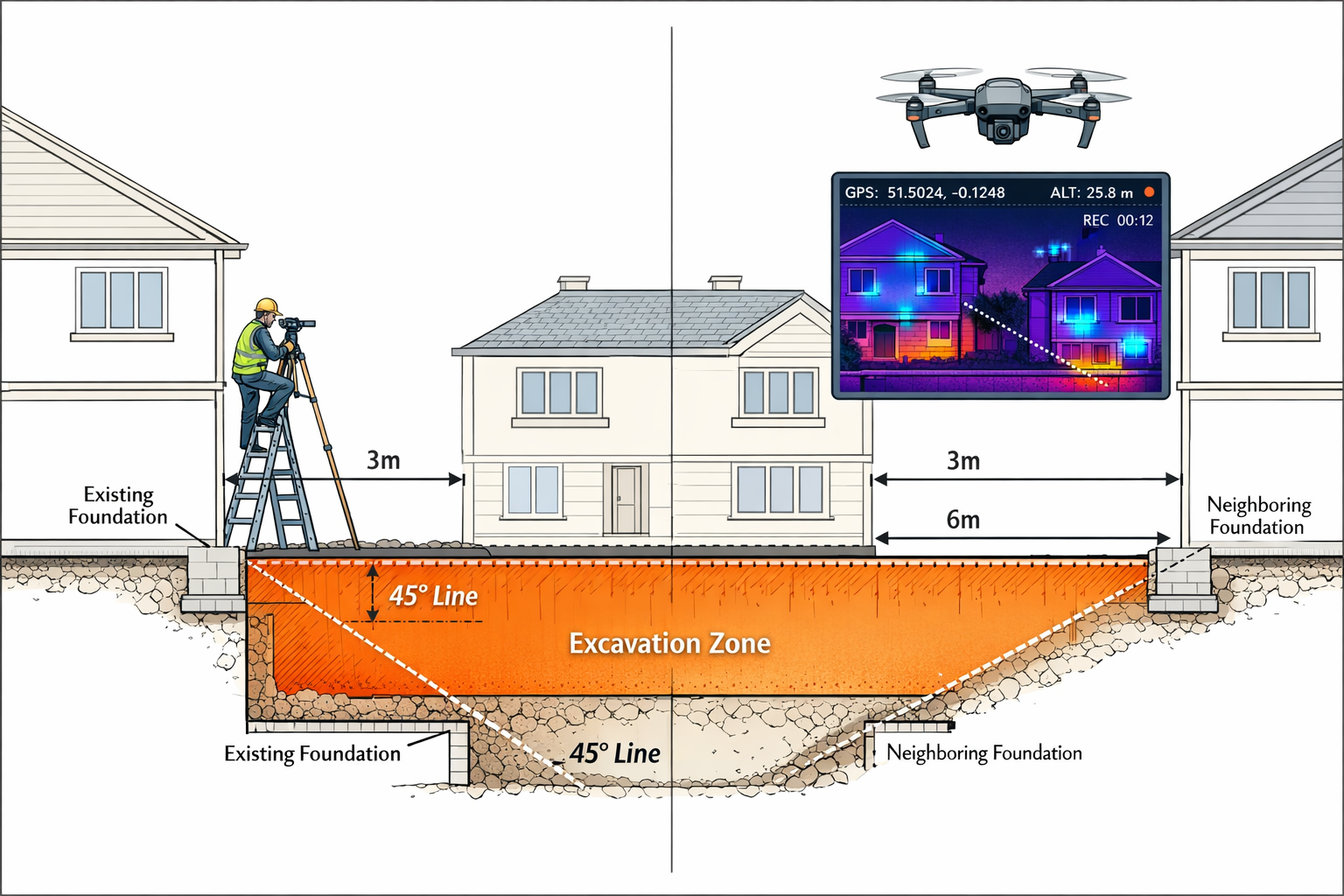 () detailed technical illustration showing cross-section diagram of two adjoining properties with foundation levels clearly