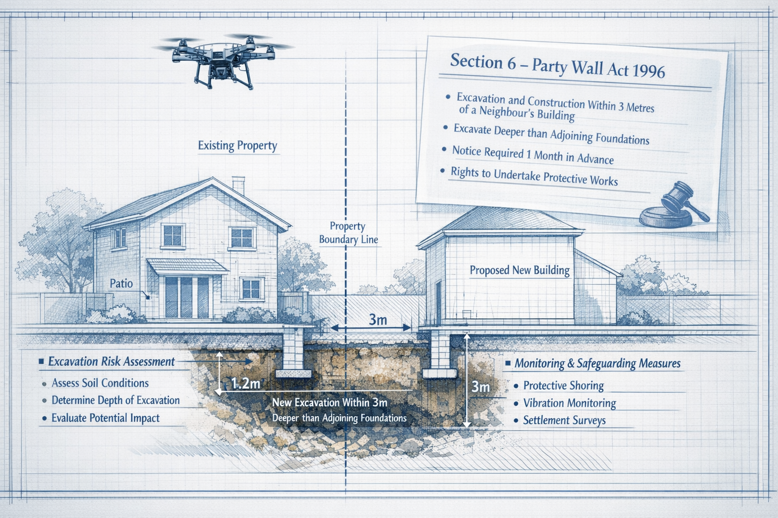 Professional architectural technical illustration explaining Section 6 of the Party Wall Act 1996, featuring a split-screen