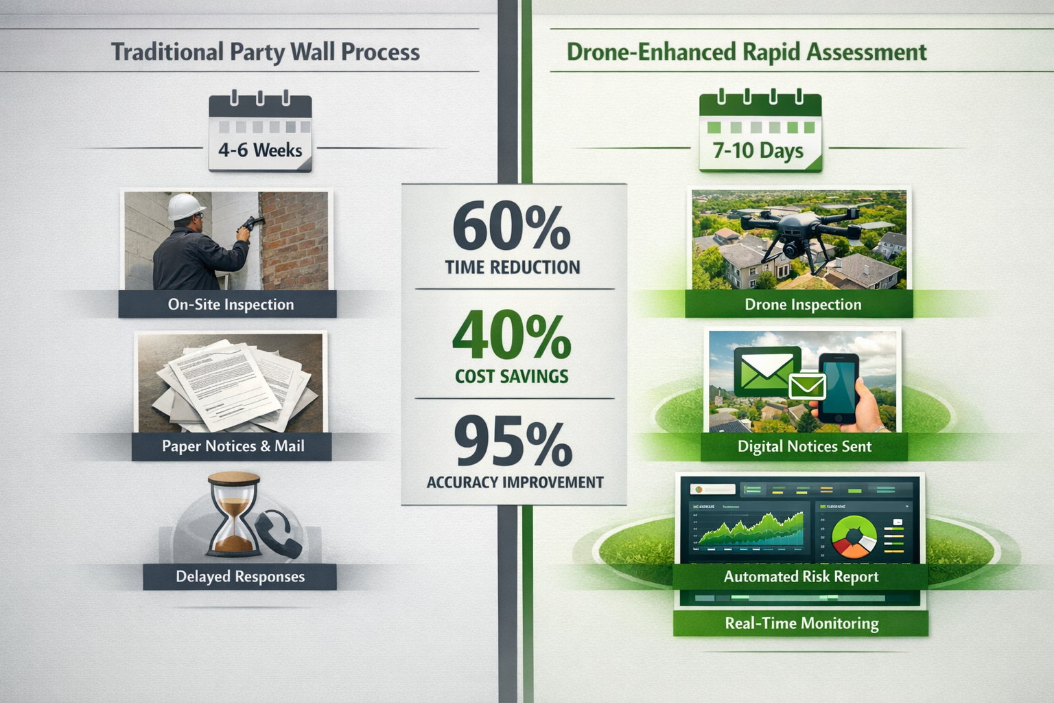 () sophisticated comparison infographic showing traditional party wall notice timeline versus drone-enhanced rapid